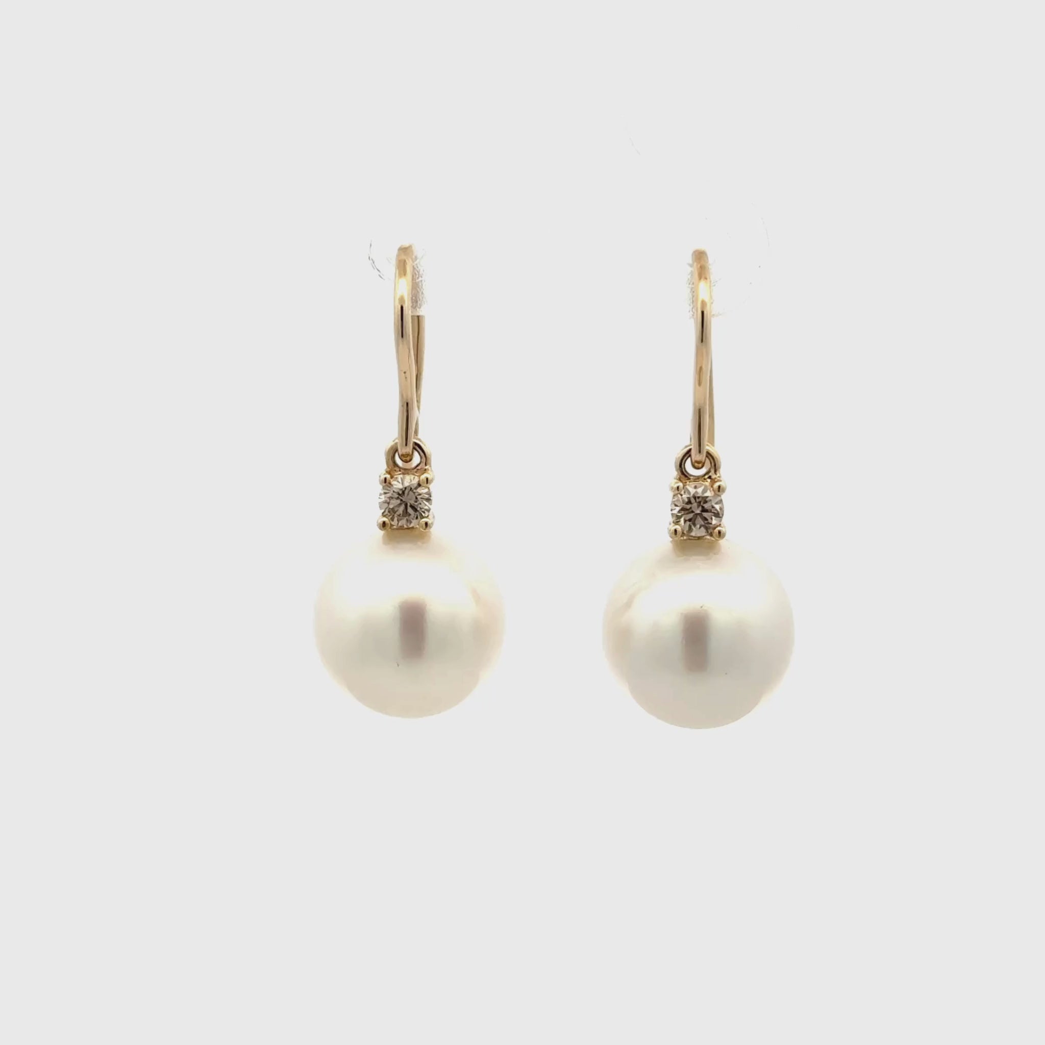 9K Yellow Gold Australian South Sea Cultured 11-12 mm Pearl and Diamond Hook Earrings 360 degree view