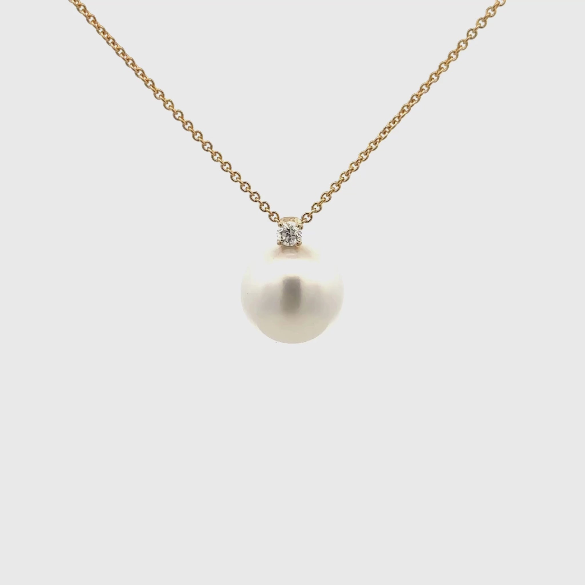 9K Yellow Gold Australian South Sea 11-12 mm Cultured Pearl and Diamond Necklace 360 view video