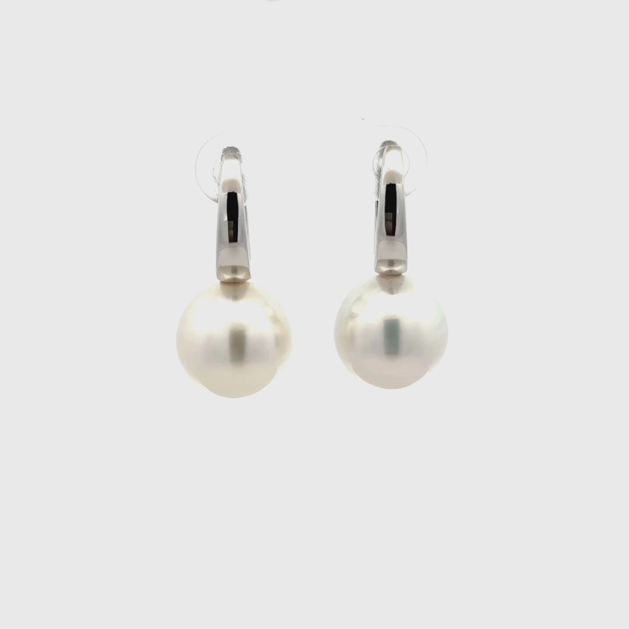 9K White Gold Australian South Sea 12-13mm Cultured Pearl Huggie Earrings 360 degree video on white background