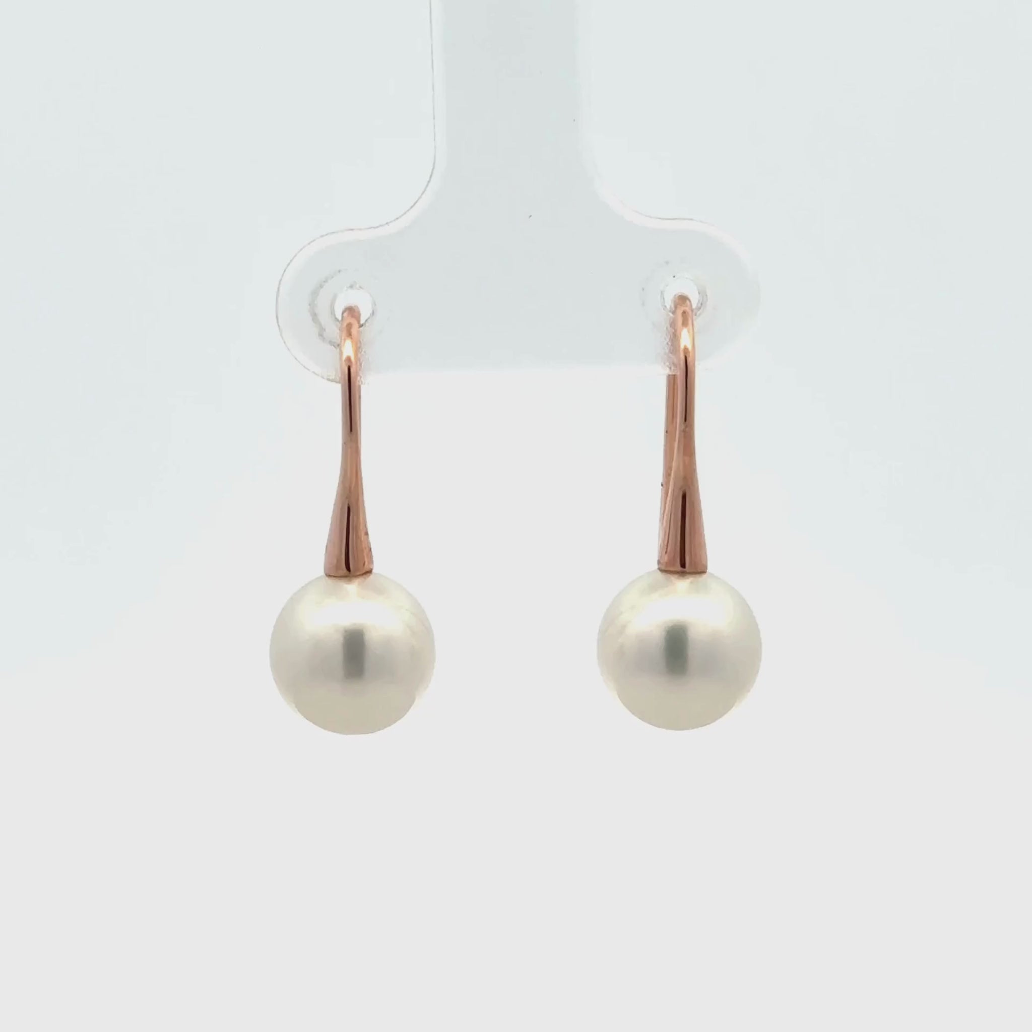 9K Rose Gold Australian South Sea 8-9 mm Cultured Pearl Hook Earrings 360 view video