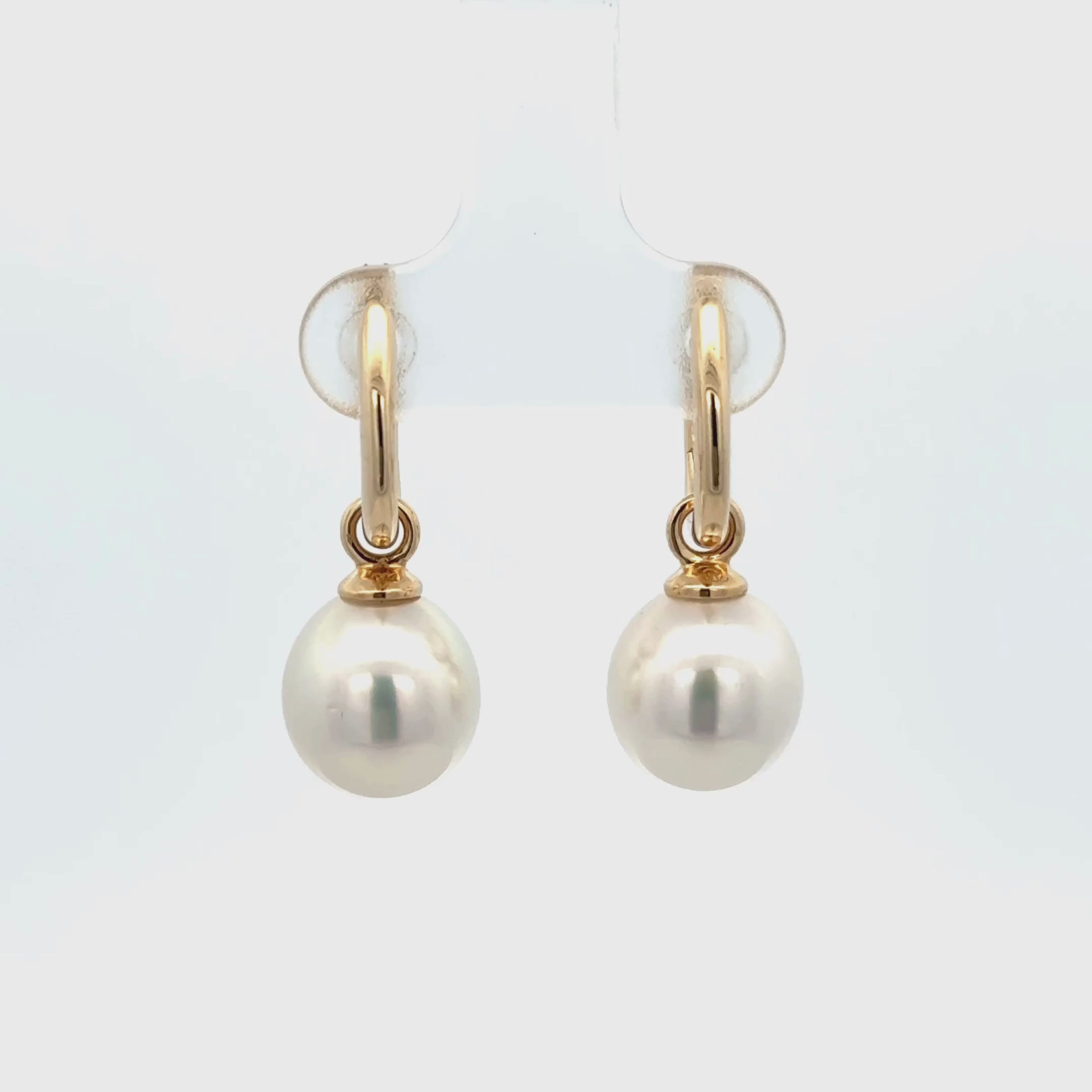 9K Yellow Gold Australian South Sea Cultured 10-11mm Pearl Huggie Earrings 360 view