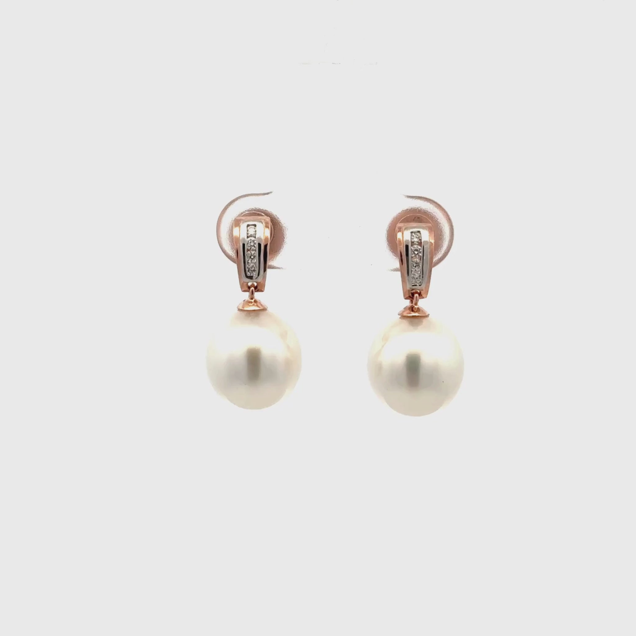 18K Rose Gold Australian South Sea 10-11 mm Cultured Pearl and Diamond Drop Earrings 360 view video