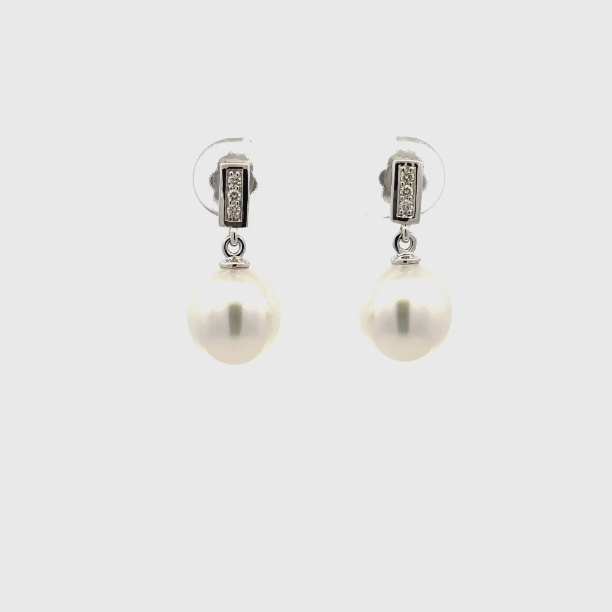 9K White Gold Australian South Sea 9-10 mm Cultured Pearl and Diamond Drop Earrings 360 view video