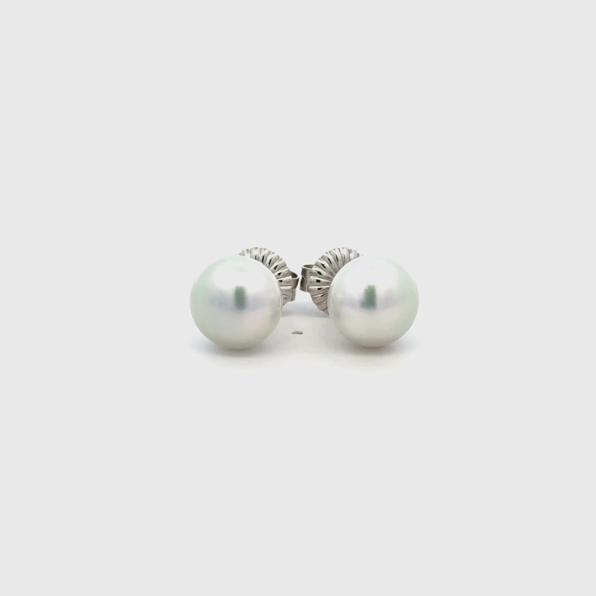 9K White Gold Australian South Sea 11-12mm Cultured Pearl Stud Earrings on a white background 360 degree video