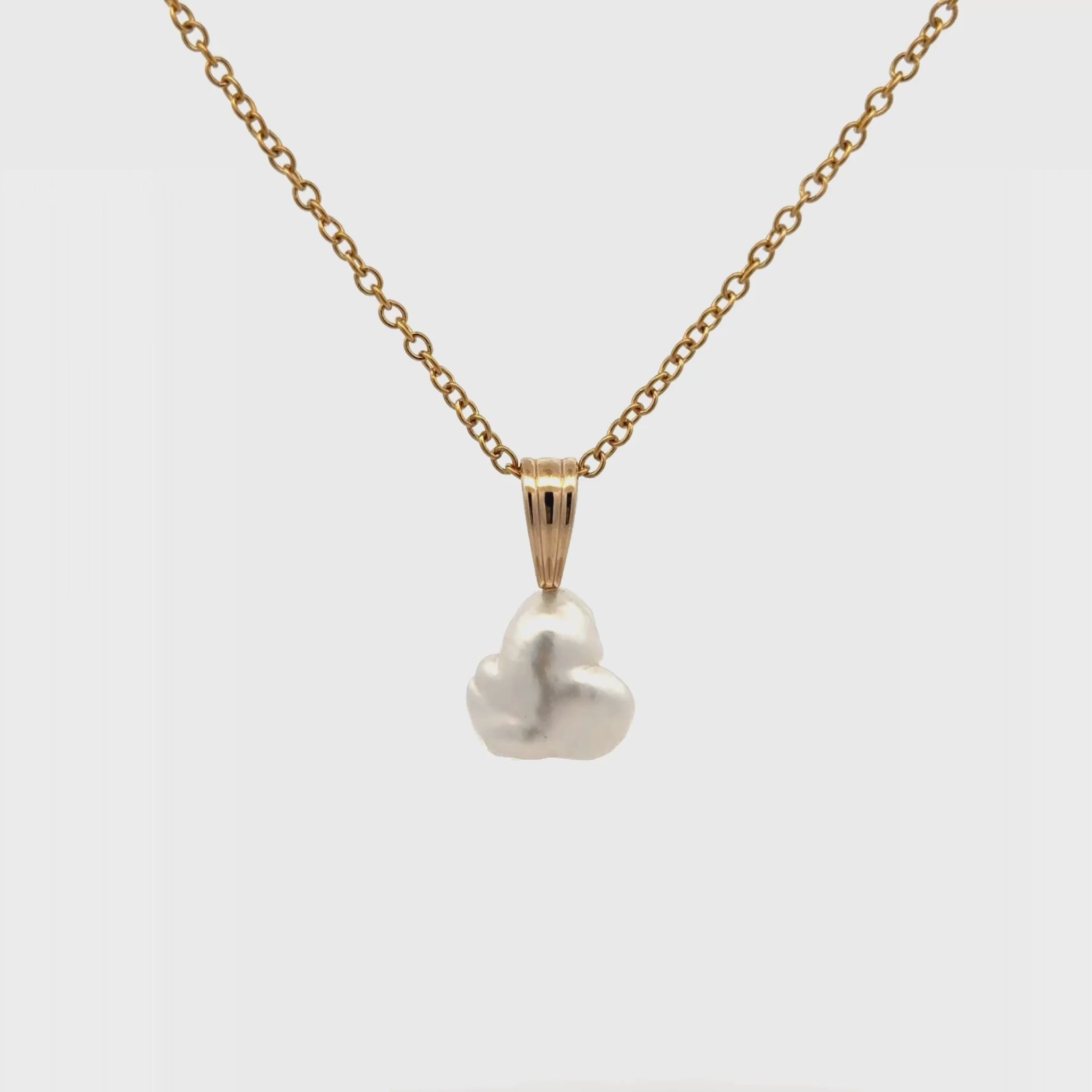 9K Yellow Gold Australian South Sea 1.4g Keshi Pearl Pendant 360 degree view on a white background