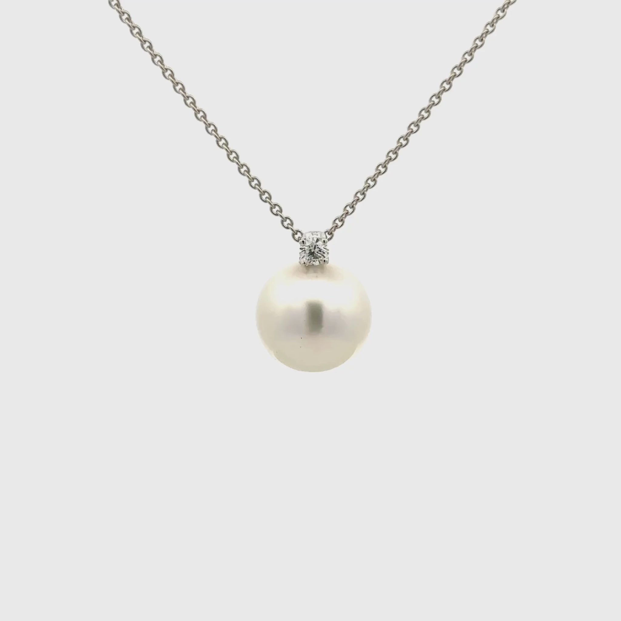 9K White Gold Australian South Sea 11-12 mm Cultured Pearl and Diamond Necklace 360 view video