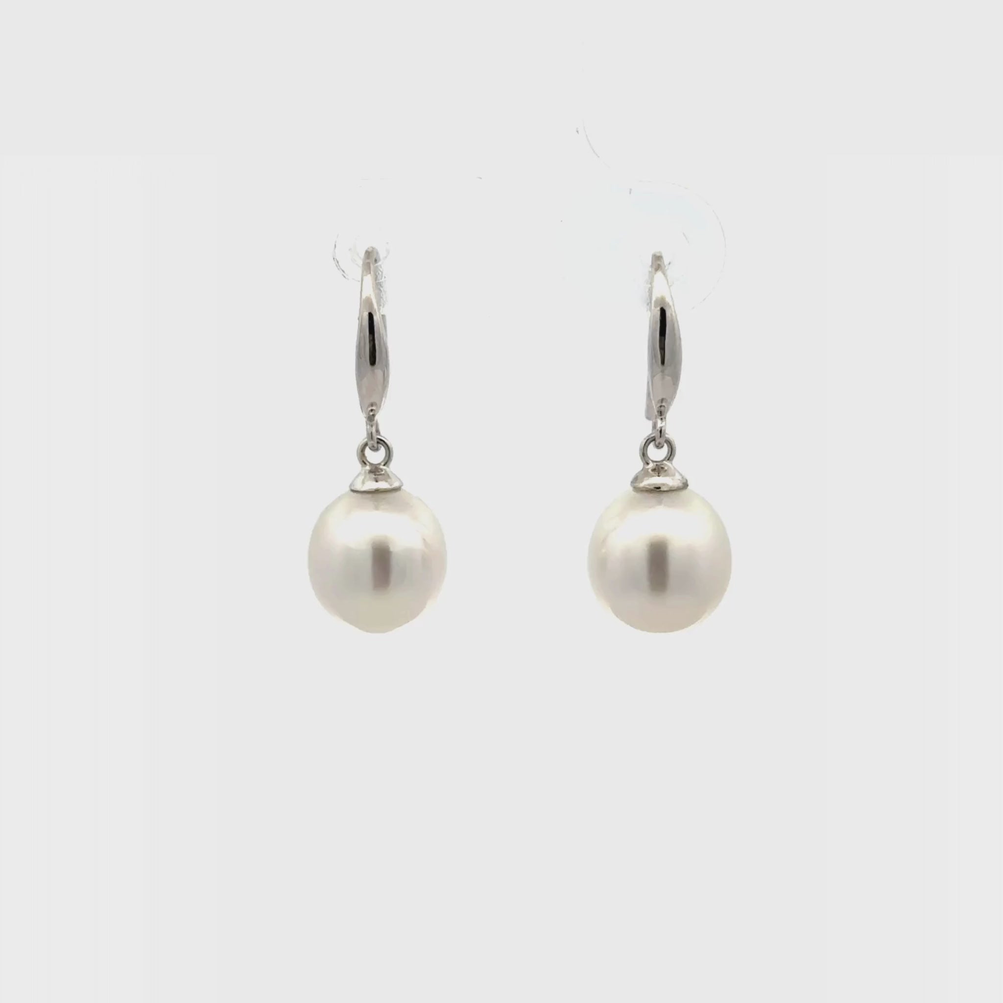 18K White Gold Australian South Sea 8-9 mm Cultured Pearl Hook Earrings 360 
view on a white background