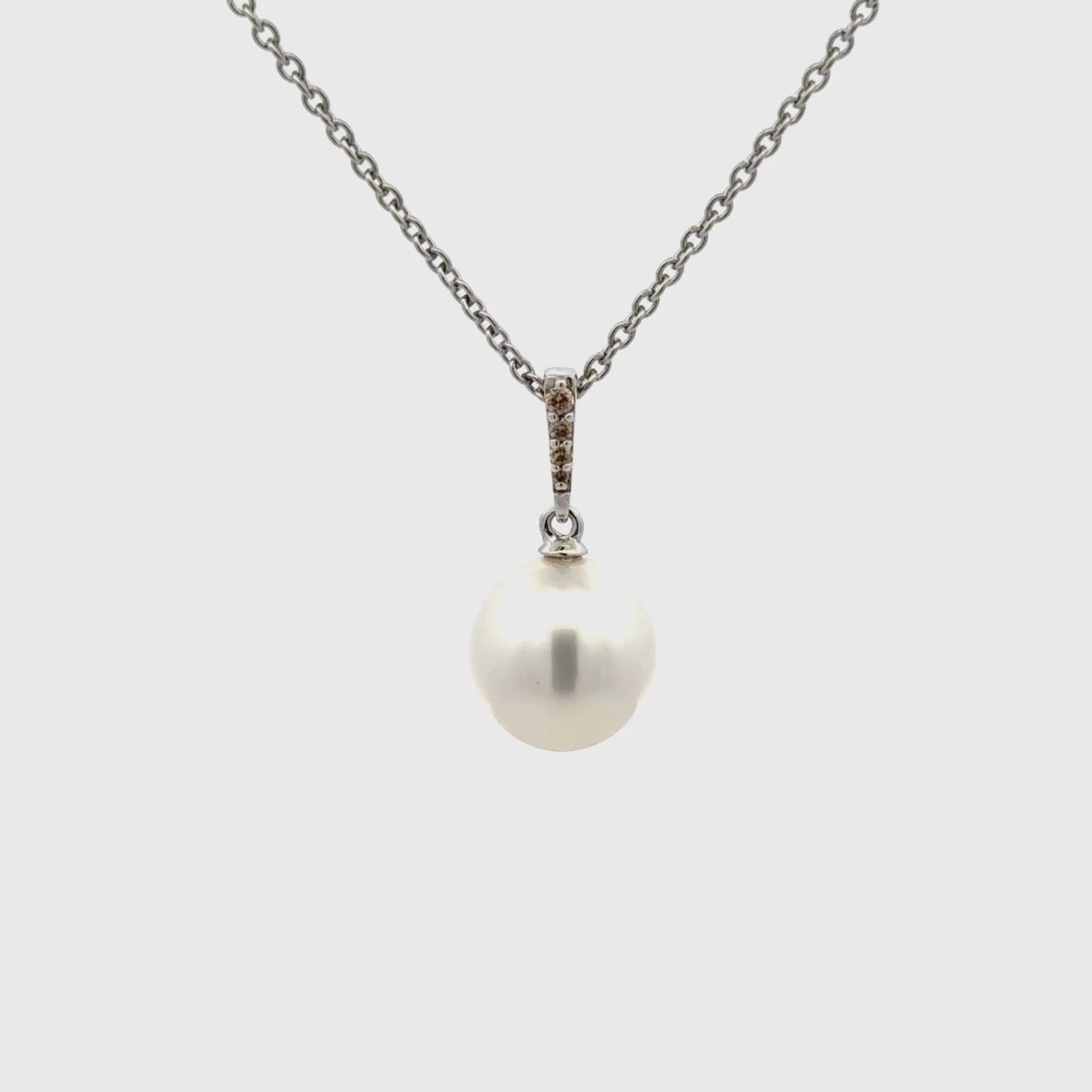 9K White Gold Australian South Sea 11-12 mm Cultured Pearl and Diamond Pendant 360 view video