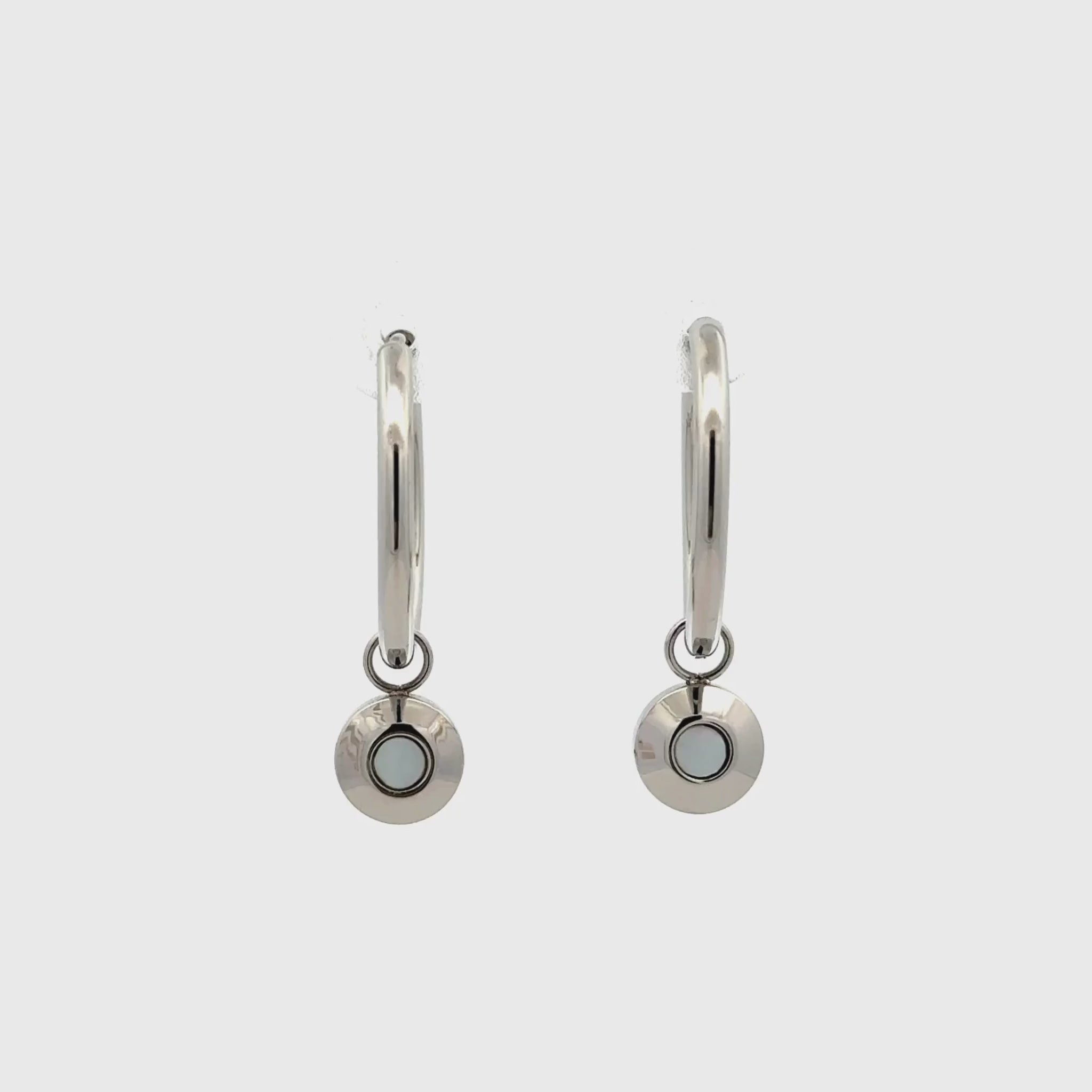Stainless Steel White Mother Of Pearl Hoop Earrings 360 view video