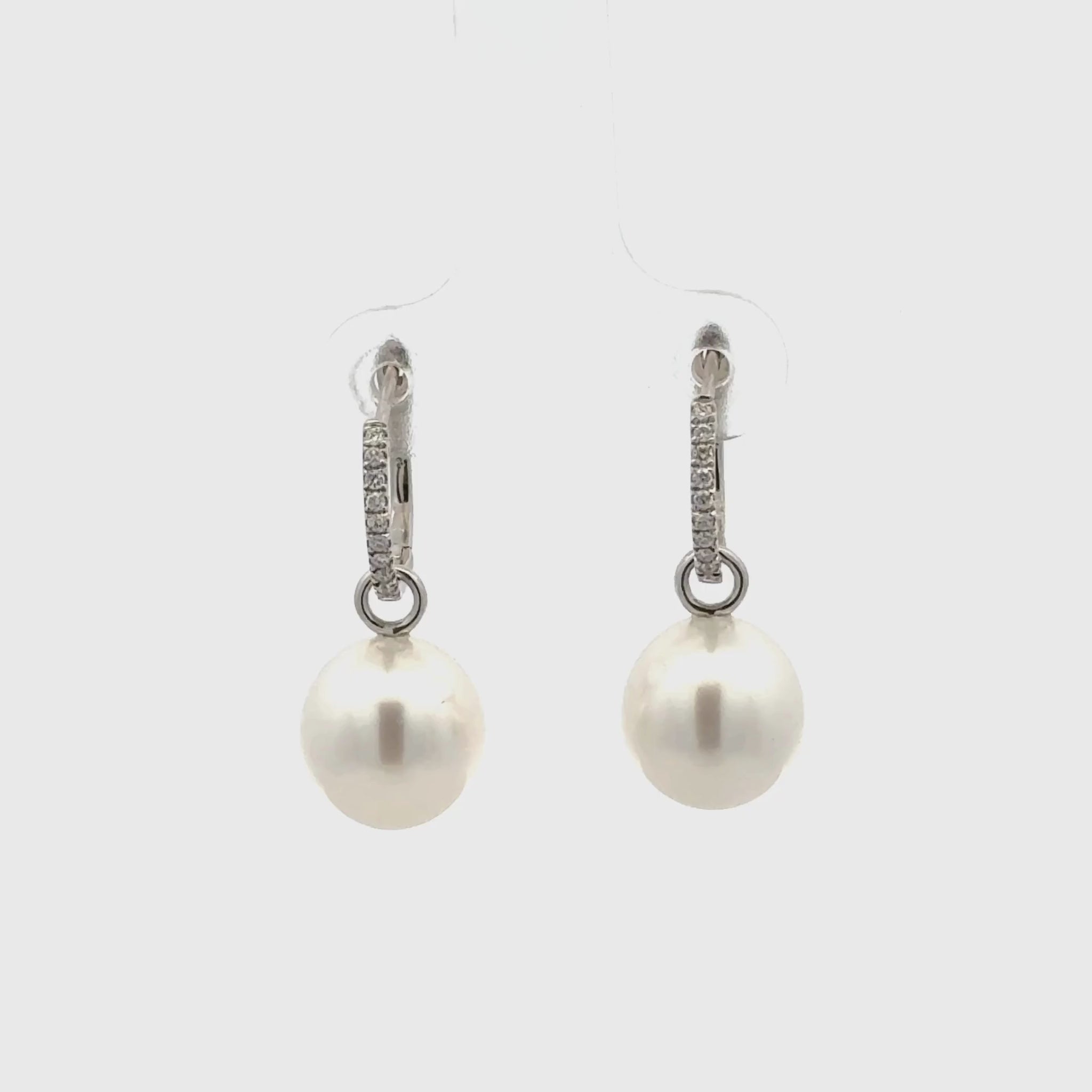 18K White Gold Australian South Sea 9-10 mm Cultured Pearl and Diamond Huggie Earrings 360 view video