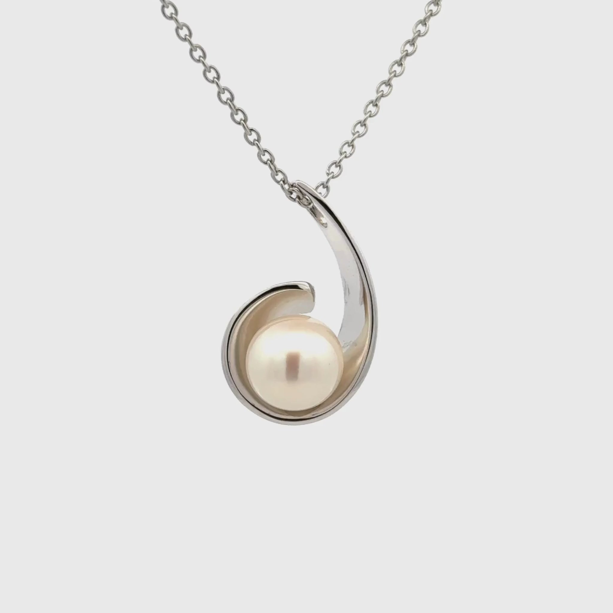 Sterling Silver Freshwater Pearl White 9.5mm Pendant 360 degree view shot with a white background