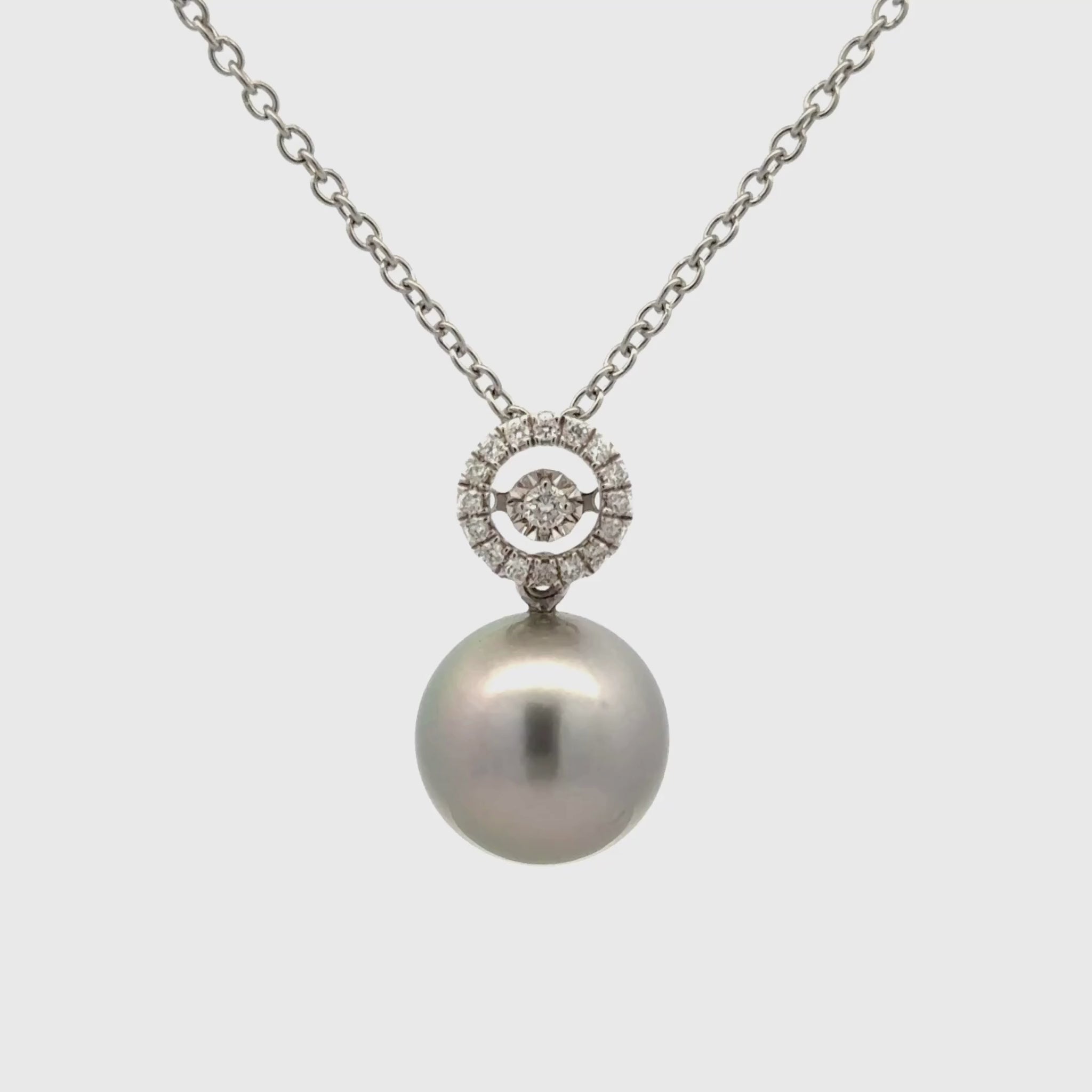 18K White Gold Tahitian 12-13 mm Cultured Pearl and Diamond Pendant 360 view video