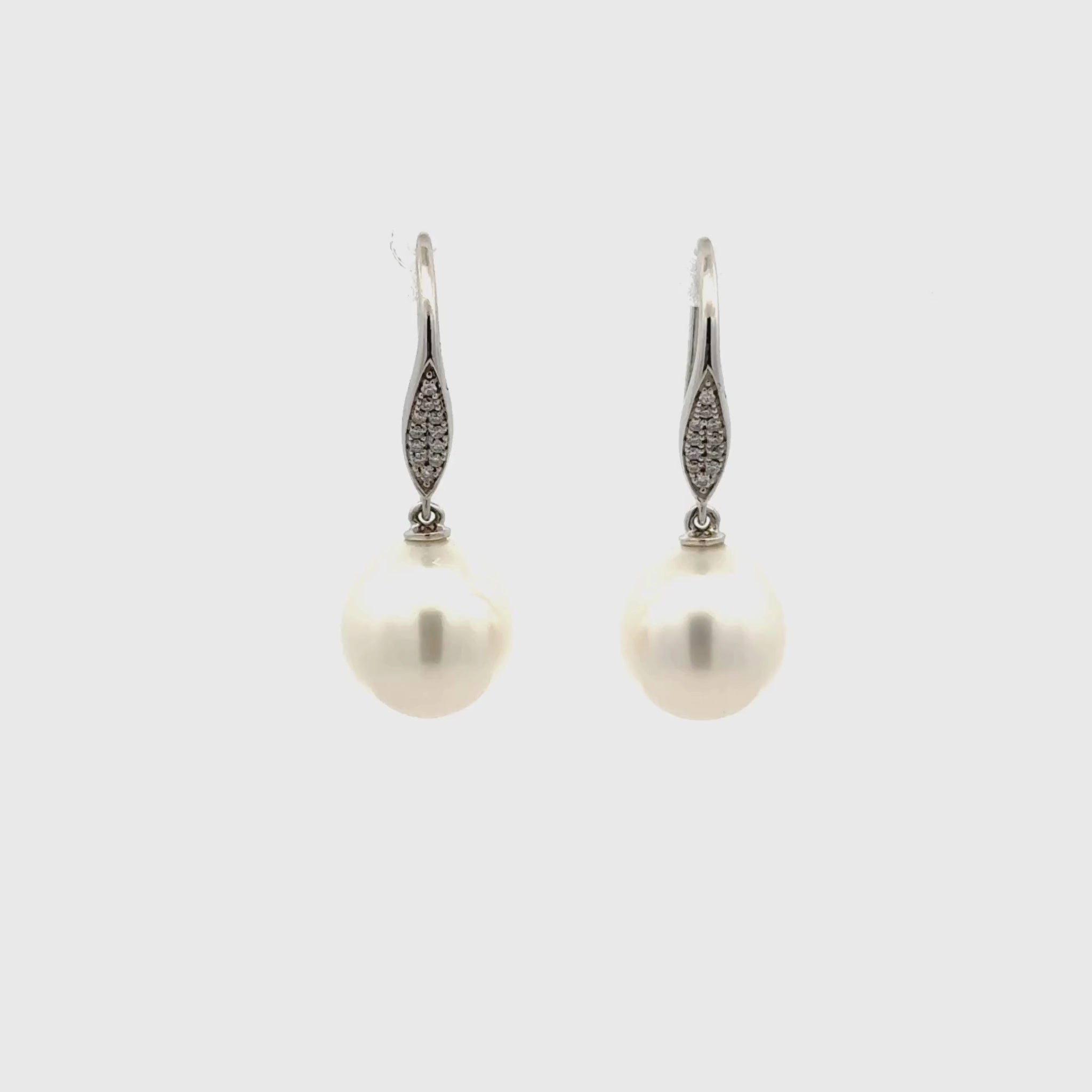 18K White Gold Australian South Sea 10-11 mm Cultured Pearl and Diamond Hook Earrings 360 view video