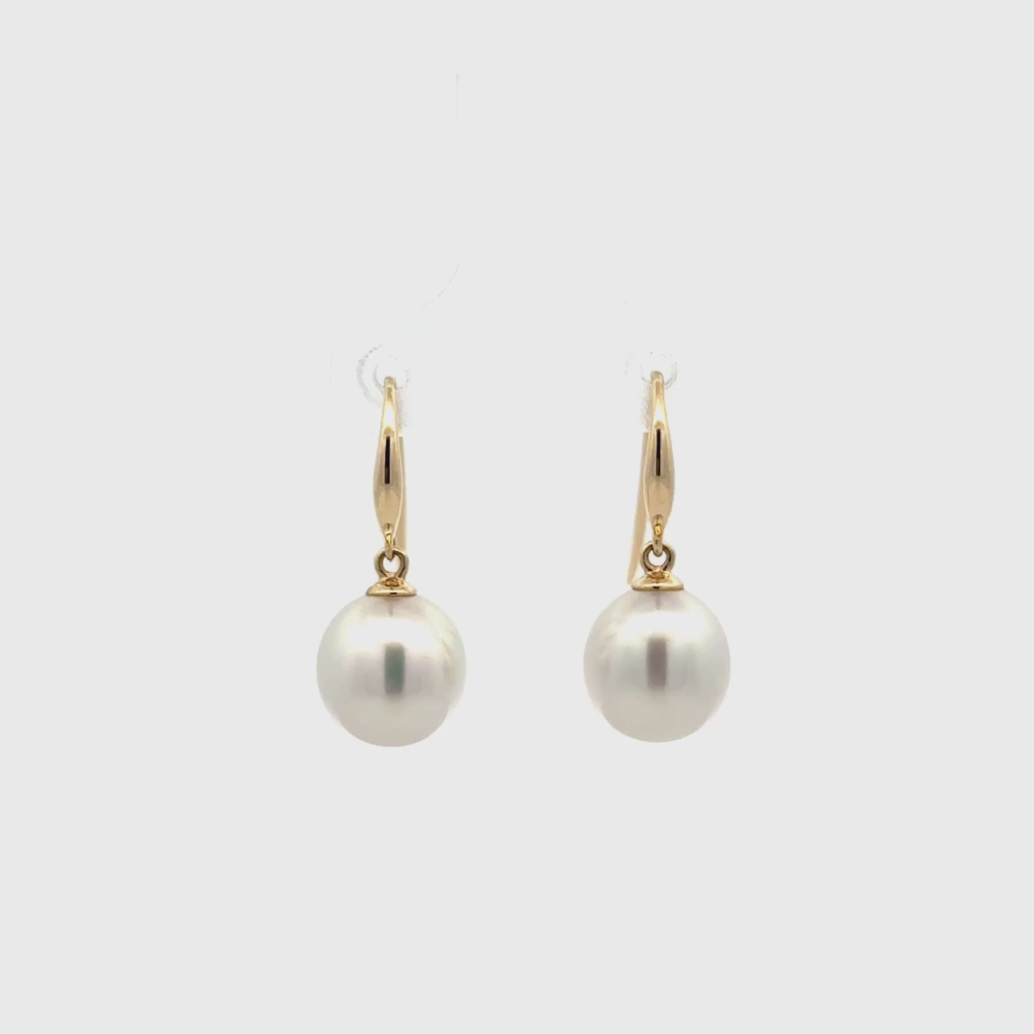 9K Yellow Gold Australian South Sea 9-10 mm Cultured Pearl Hook Earrings 360 view video