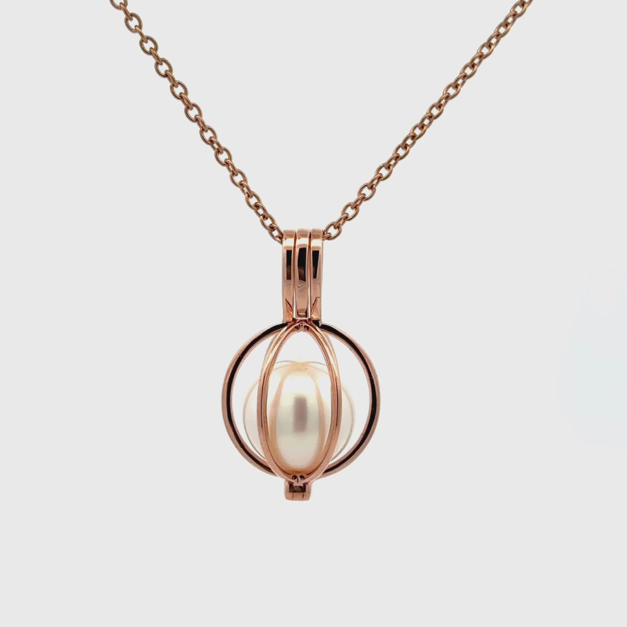 9K Rose Gold Australian South Sea 10-11 mm Cultured Pearl Cage Pendant 360 view video