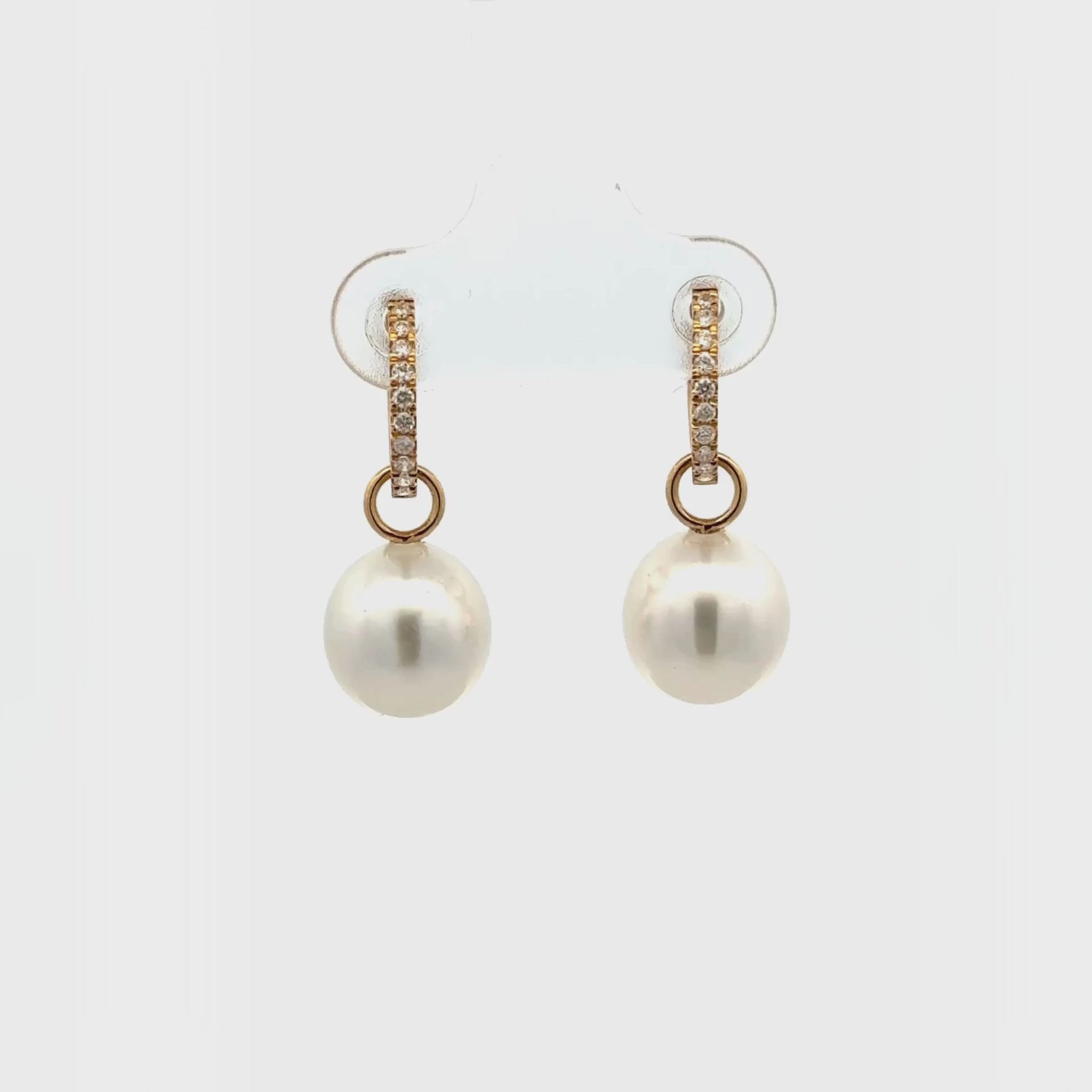 18K Yellow Gold Australian South Sea 9-10 mm Cultured Pearl and Diamond Huggie Earrings 360 view video