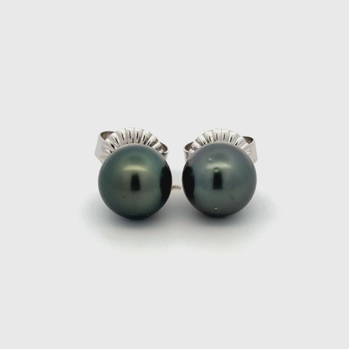 9K White Gold Tahitian 10-11 mm Cultured Pearl Stud Earrings 360 view