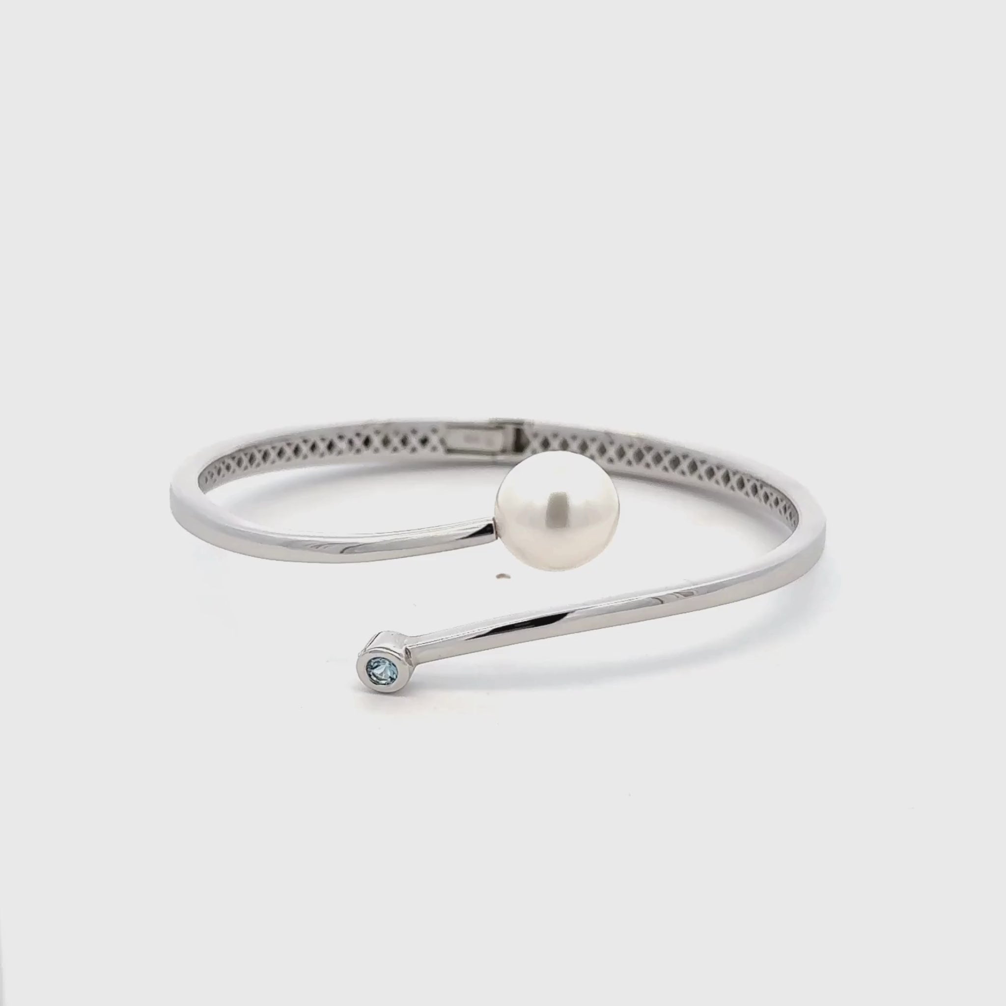 Sterling Silver Australian South Sea 10-11 mm Cultured Pearl and Aquamarine Bangle 360 view video