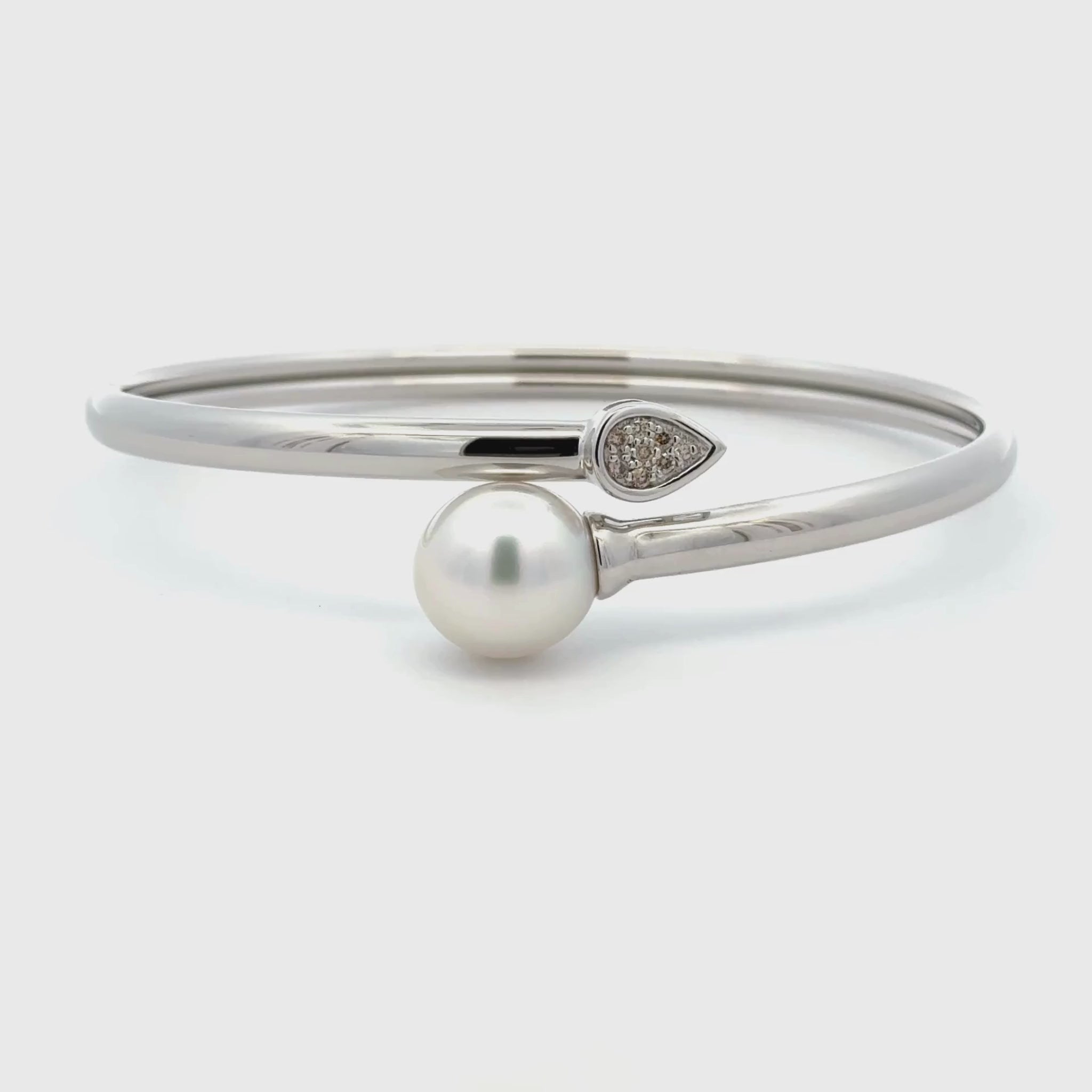 Sterling Silver Australian South Sea 11-12 mm Cultured Pearl and Argyle Diamond Bangle 360 view video