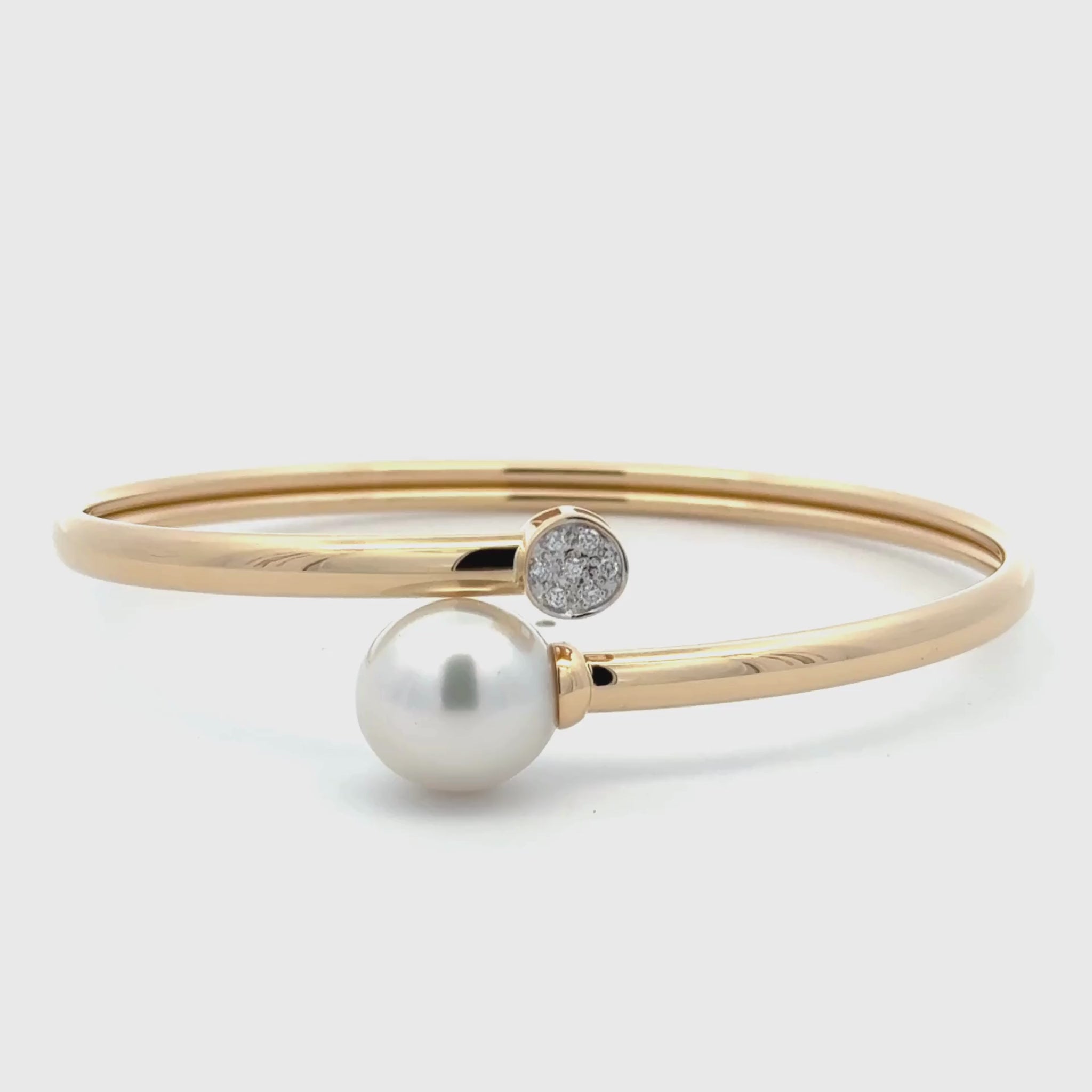 18K Yellow Gold Australian South Sea 12-13 mm Cultured Pearl and Diamond Bangle 360 view video
