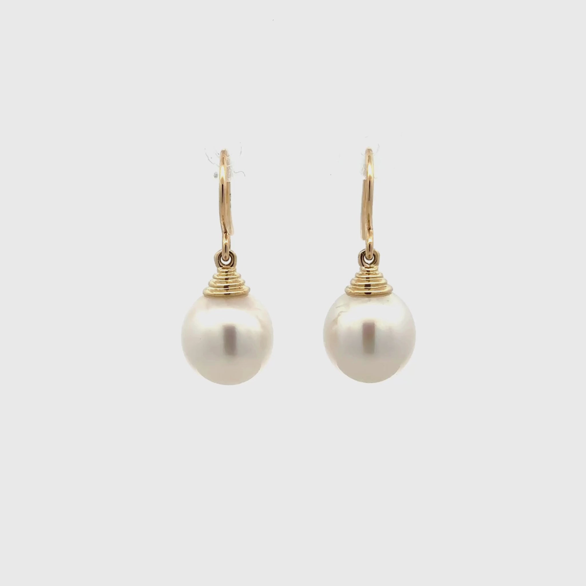 9K Yellow Gold Australian South Sea 11-12 mm Cultured Pearl Hook Earrings 360 degree view on a white background