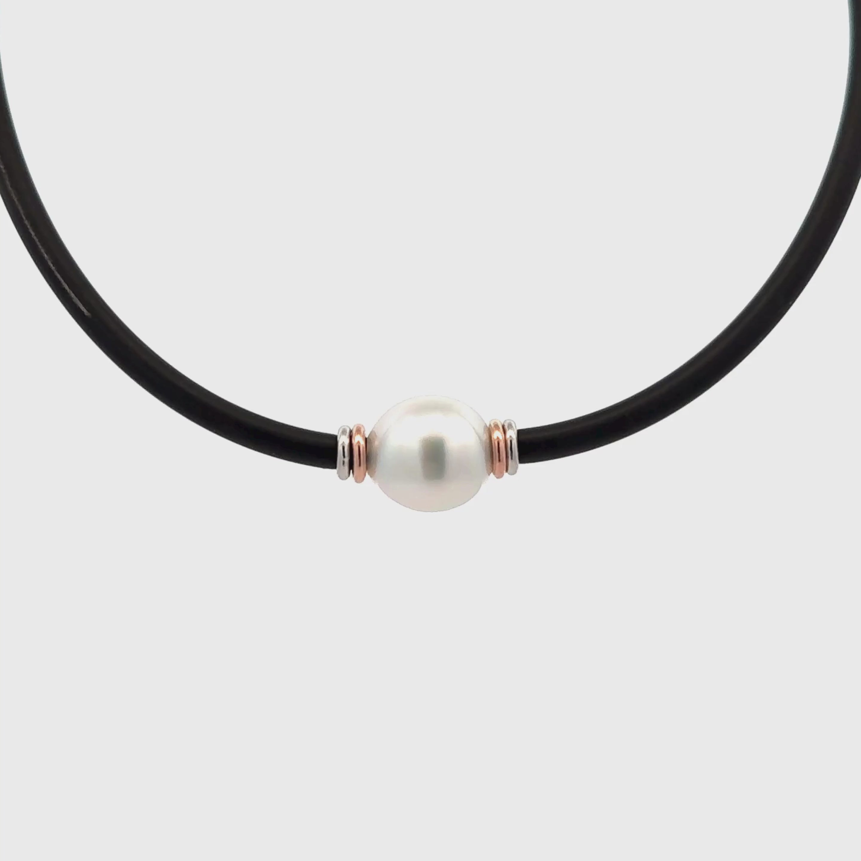 Sterling Silver & 9K Rose Gold Australian South Sea 10-11 mm Cultured Pearl Neoprene Necklace 360 view