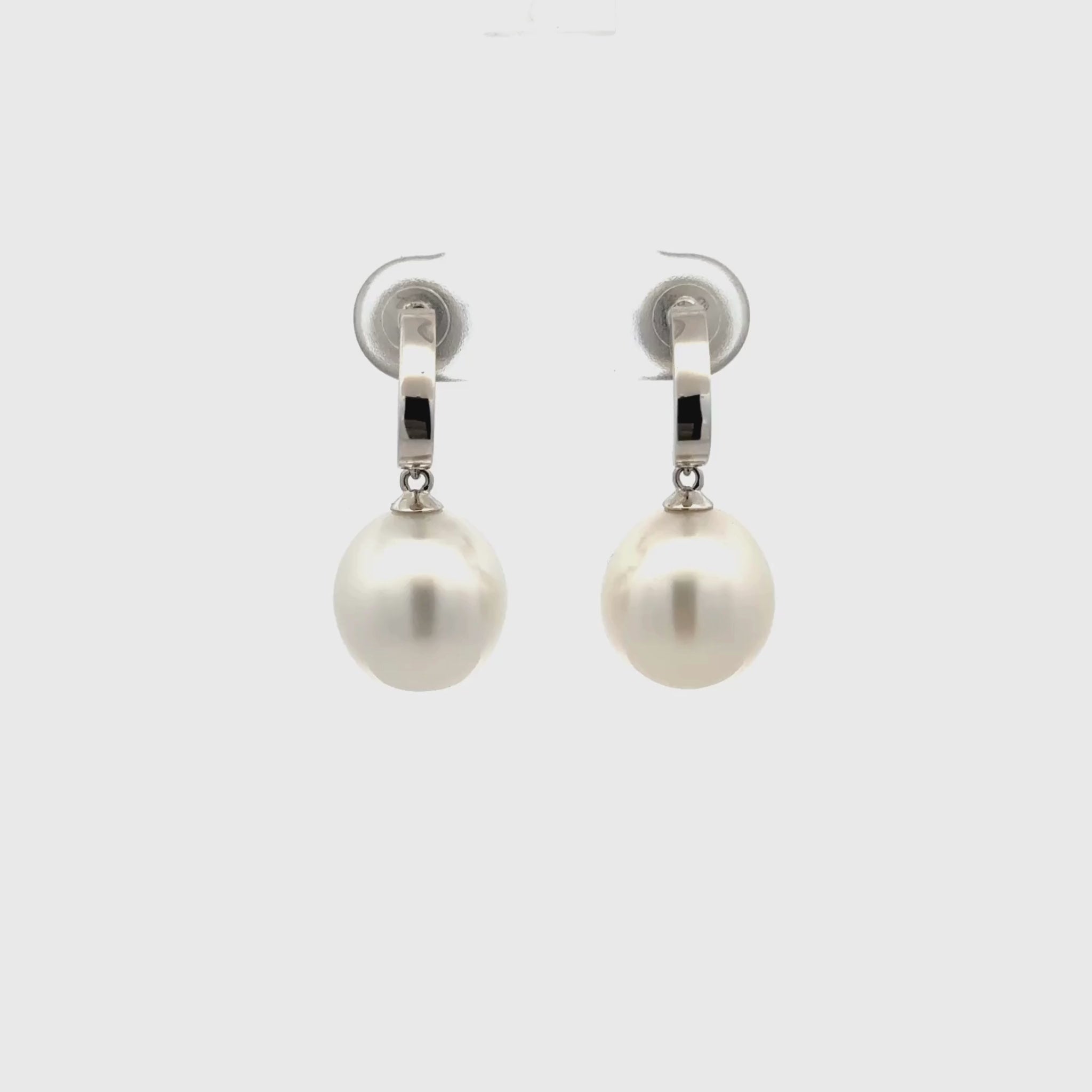 18K White Gold Australian South Sea 11-12 mm Cultured Pearl Drop Earrings 360 degree view with a white background