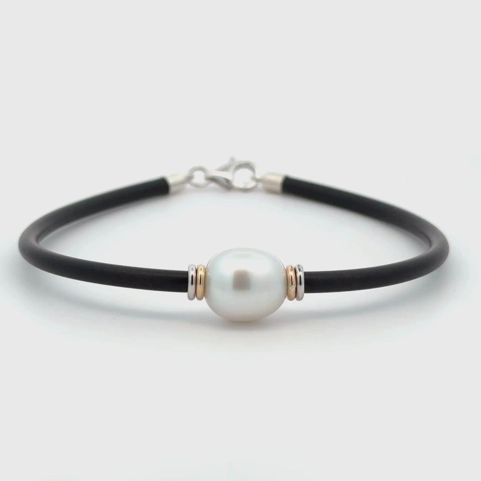 Sterling Silver and 9K Yellow Gold Australian South Sea 10-11 mm Cultured Pearl Neoprene Bracelet 360 view video