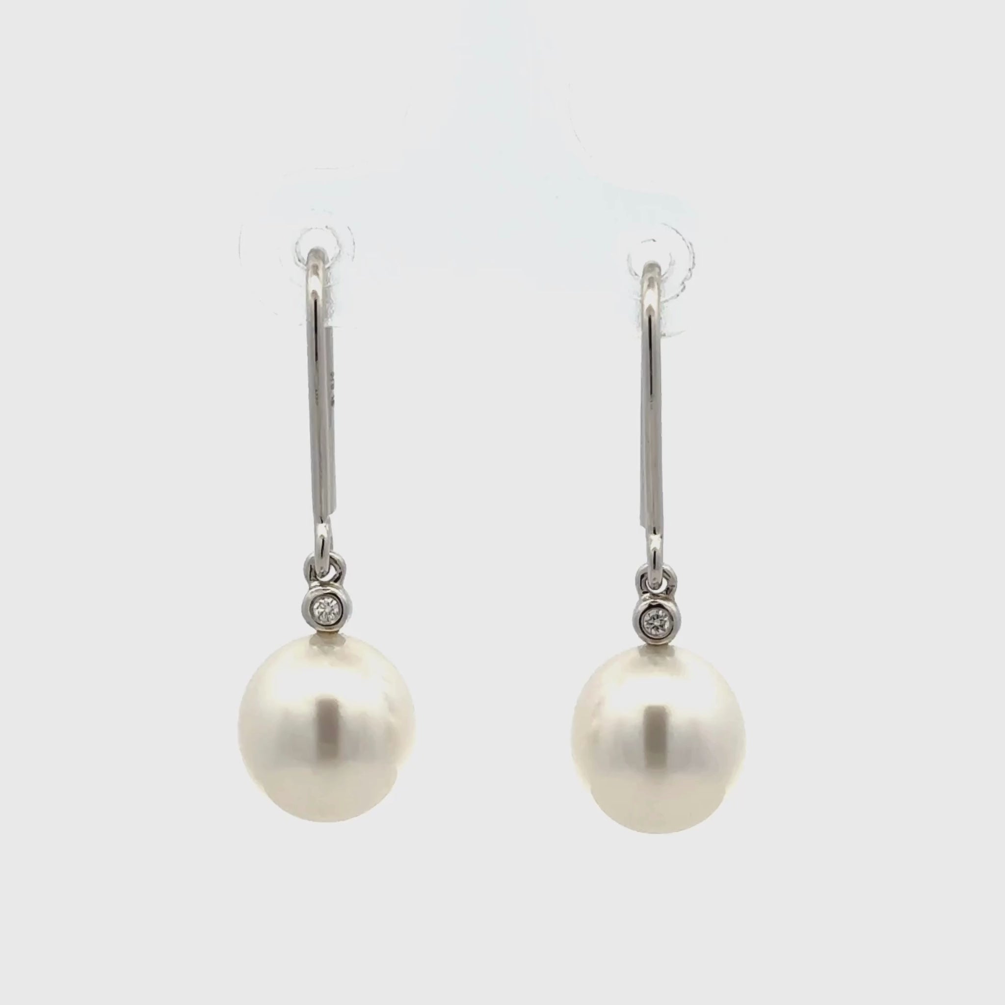 9K White Gold Australian South Sea 9-10 mm Cultured Pearl and Diamond Hook Earrings 360 view video