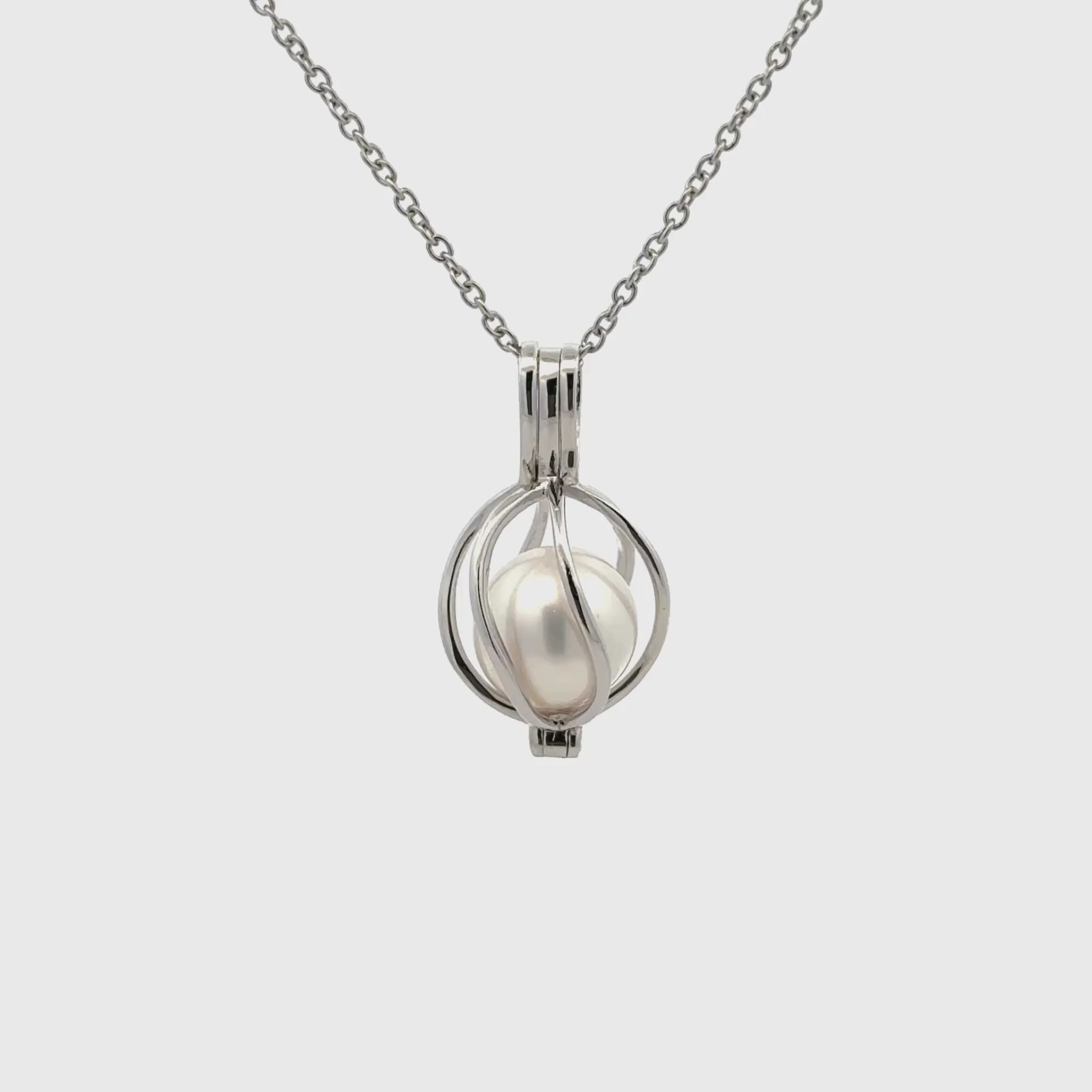 Sterling Silver Australian South Sea 10-11 mm Cultured Pearl Curved Cage Pendant 360 view video