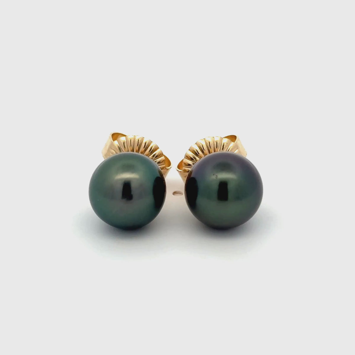 9K Yellow Gold Tahitian 10-11 mm Cultured Pearl Stud Earrings 360 view