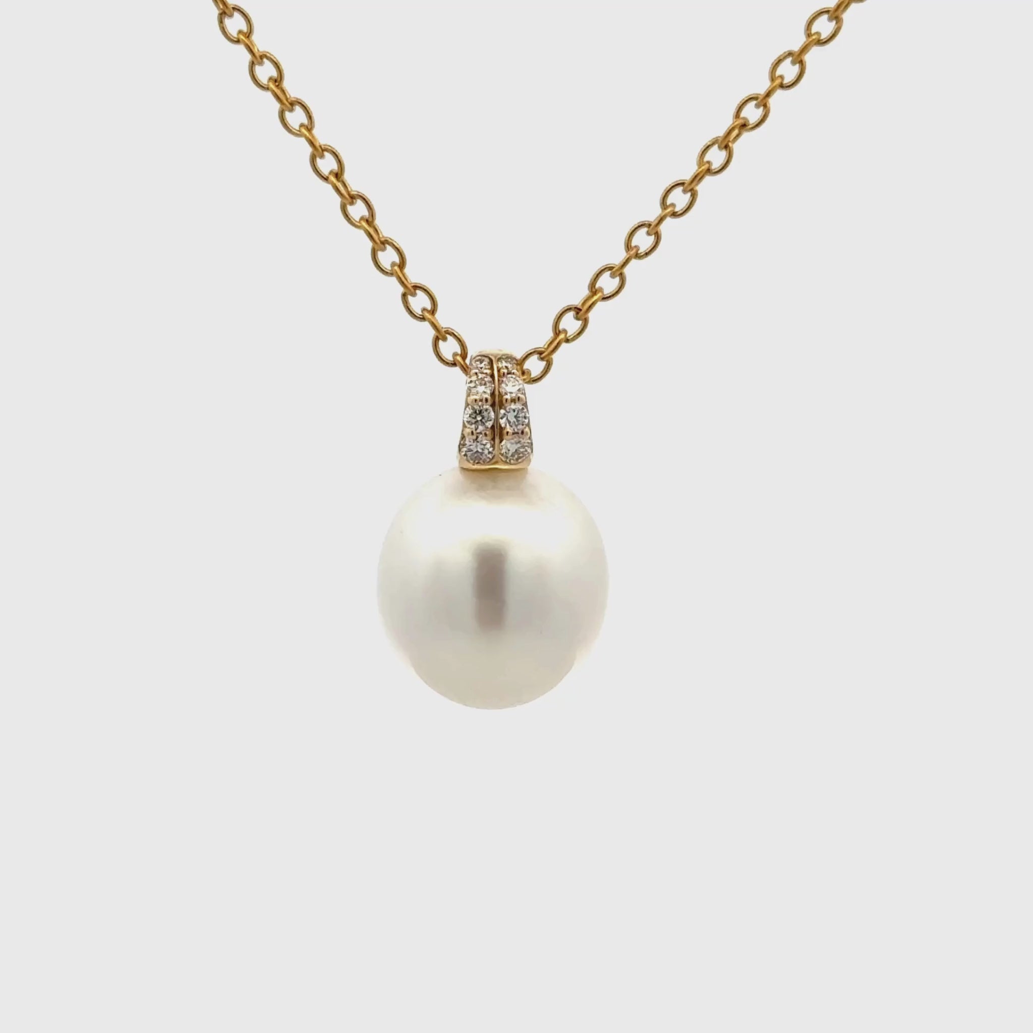 18K Yellow Gold Australian South Sea 11-12 mm Cultured Pearl and Diamond Pendant 360 view video