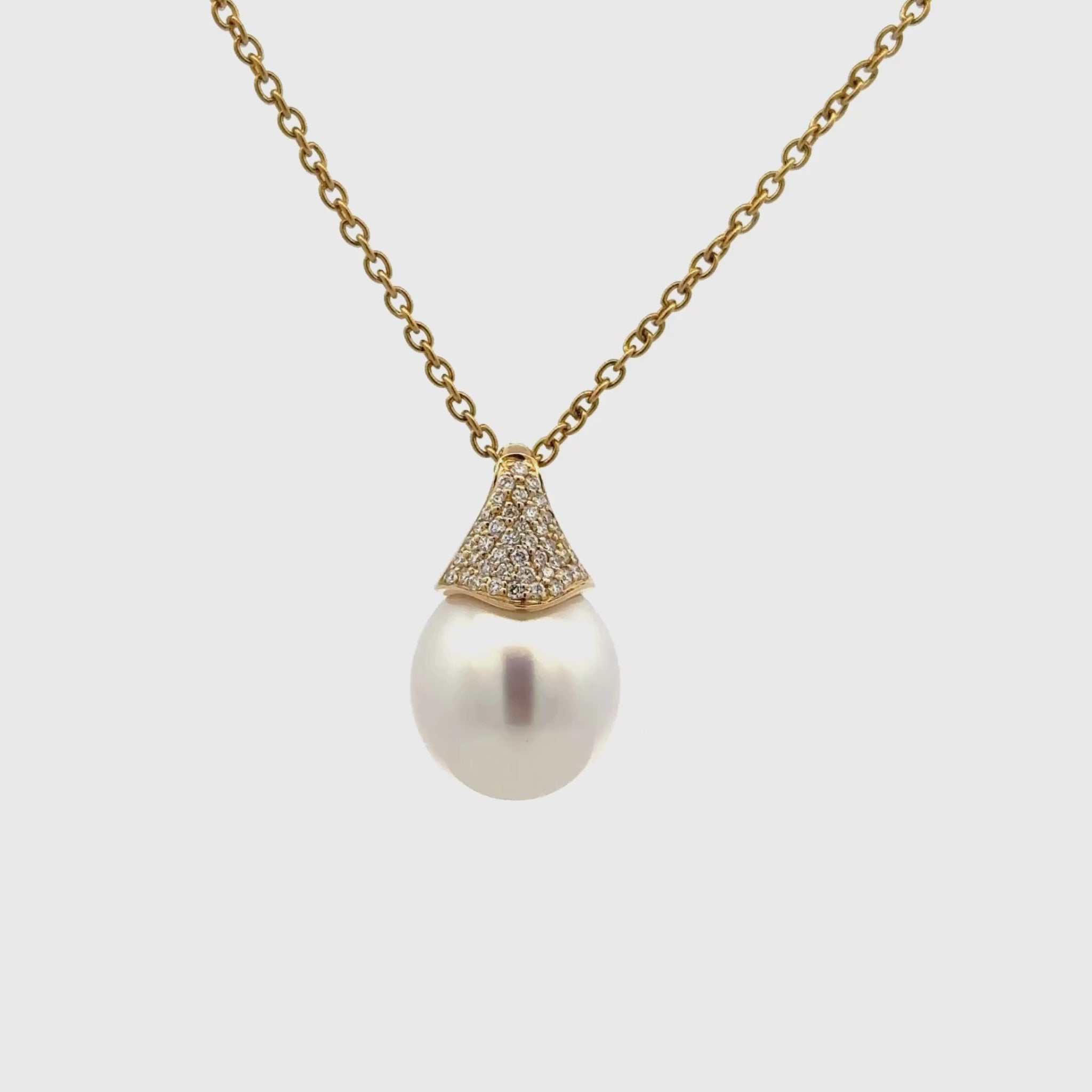 18K Yellow Gold Australian South Sea 12-13 mm Cultured Pearl and Diamond Pendant 360 view video