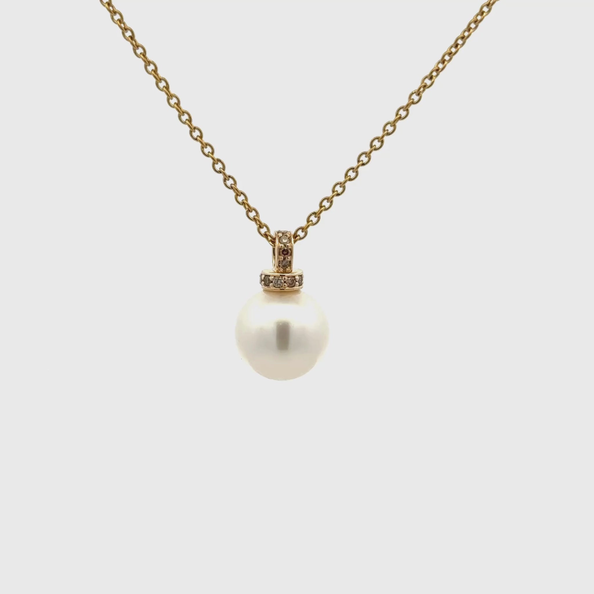 9K Yellow Gold Australian South Sea 11-12 mm Cultured Pearl & Diamond Pendant 360 view video