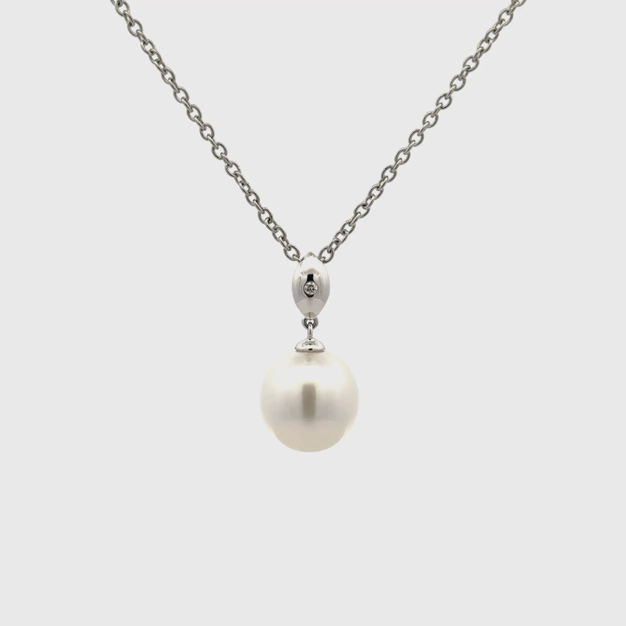 18K White Gold Australian South Sea 10-11 mm Cultured Pearl and Diamond Pendant 360 view video
