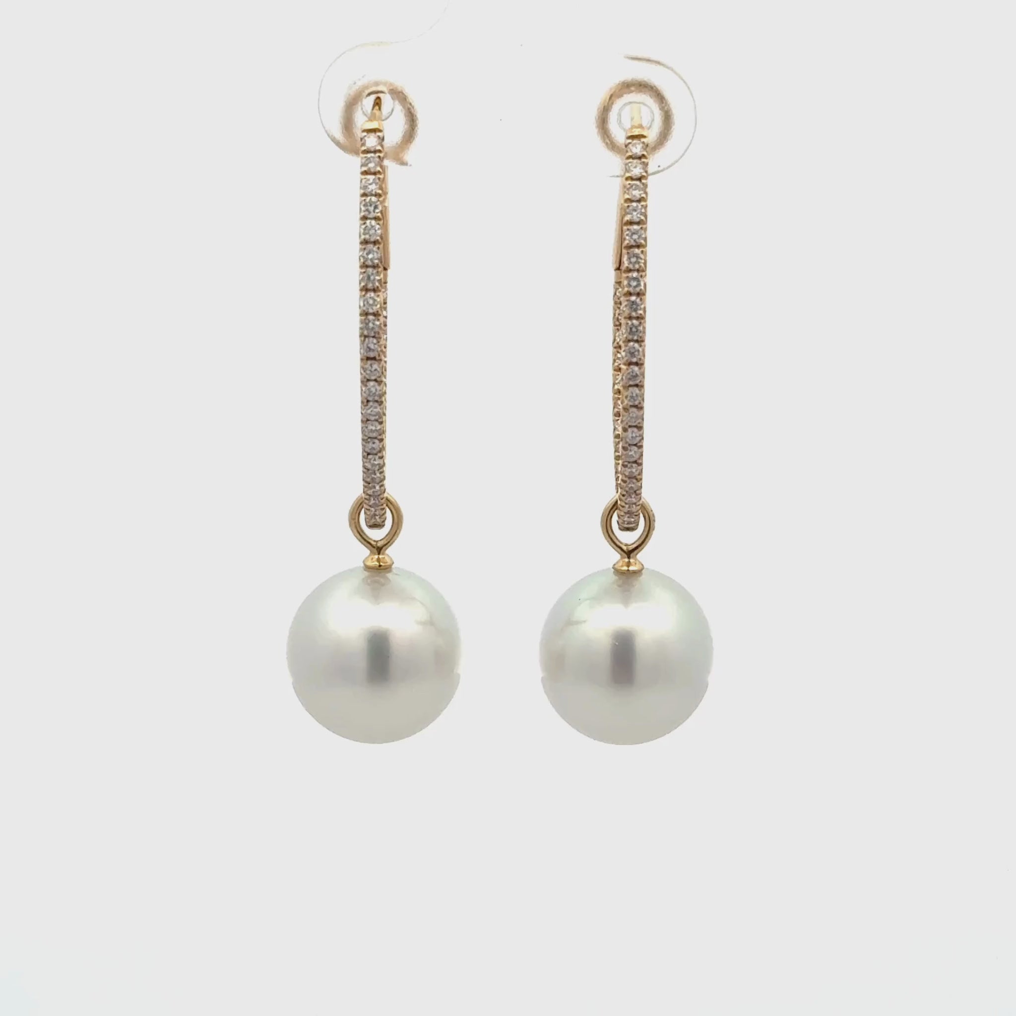 18K Yellow Gold Australian South Sea 12-13 mm Cultured Pearl and Diamond Drop Earrings 360 view video