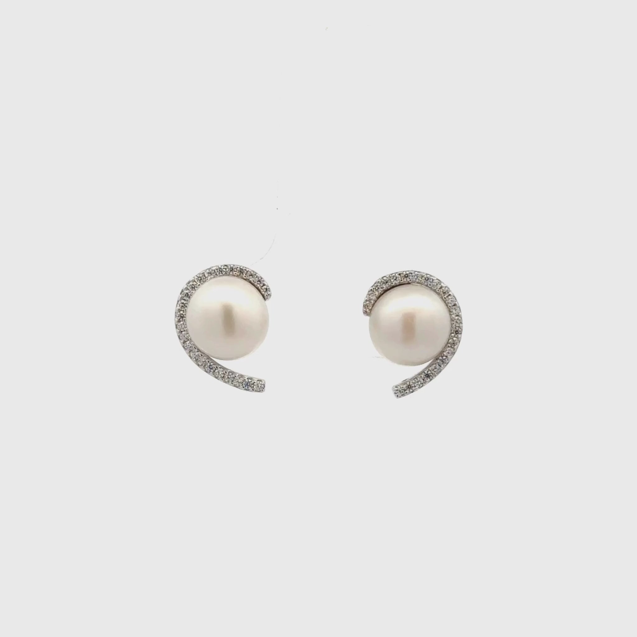Sterling Silver Freshwater Pearl & Cubic Zirconia 7-8 mm Earrings 360 degree video on a white background