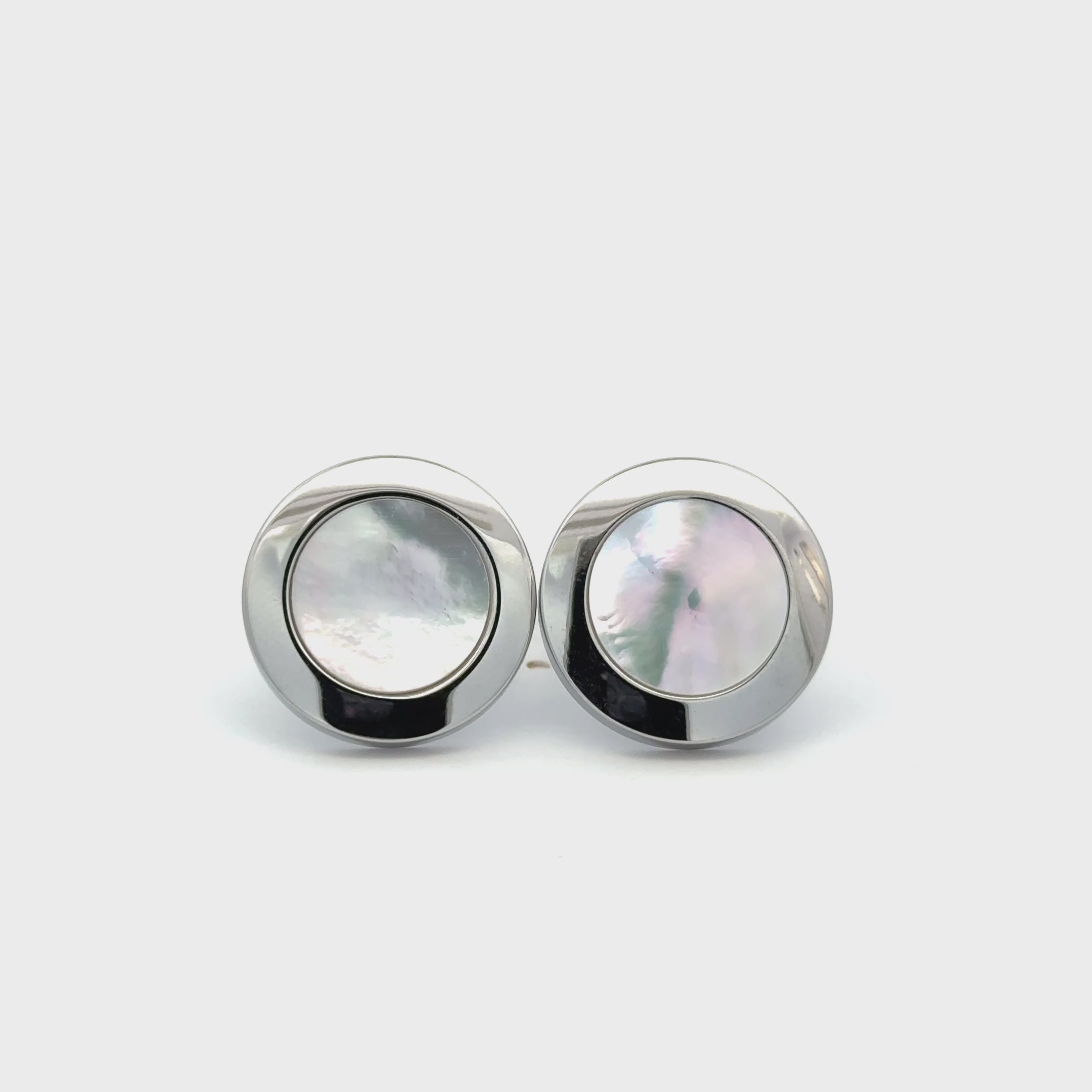 Stainless Steel White Mother Of Pearl Round Cufflinks 360 view
