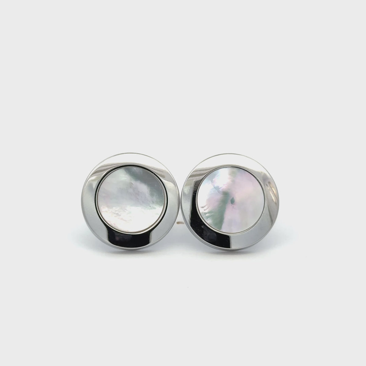 Stainless Steel White Mother Of Pearl Round Cufflinks 360 view
