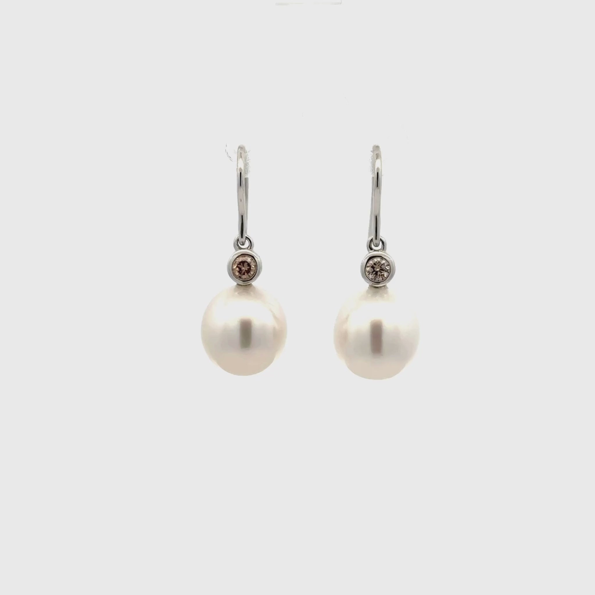 9K White Gold Australian South Sea Cultured 11-12 mm Pearl and Diamond Hook Earrings 360 view video