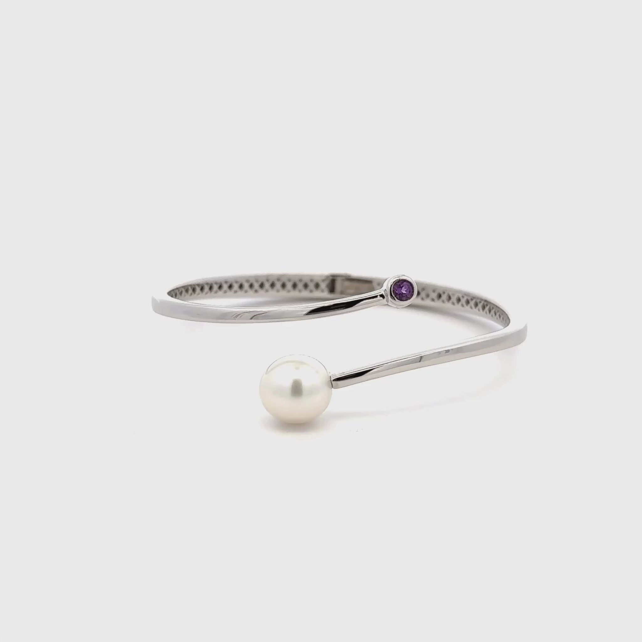 Sterling Silver Australian South Sea 10-11 mm Cultured Pearl and Amethyst Bangle 360 view video