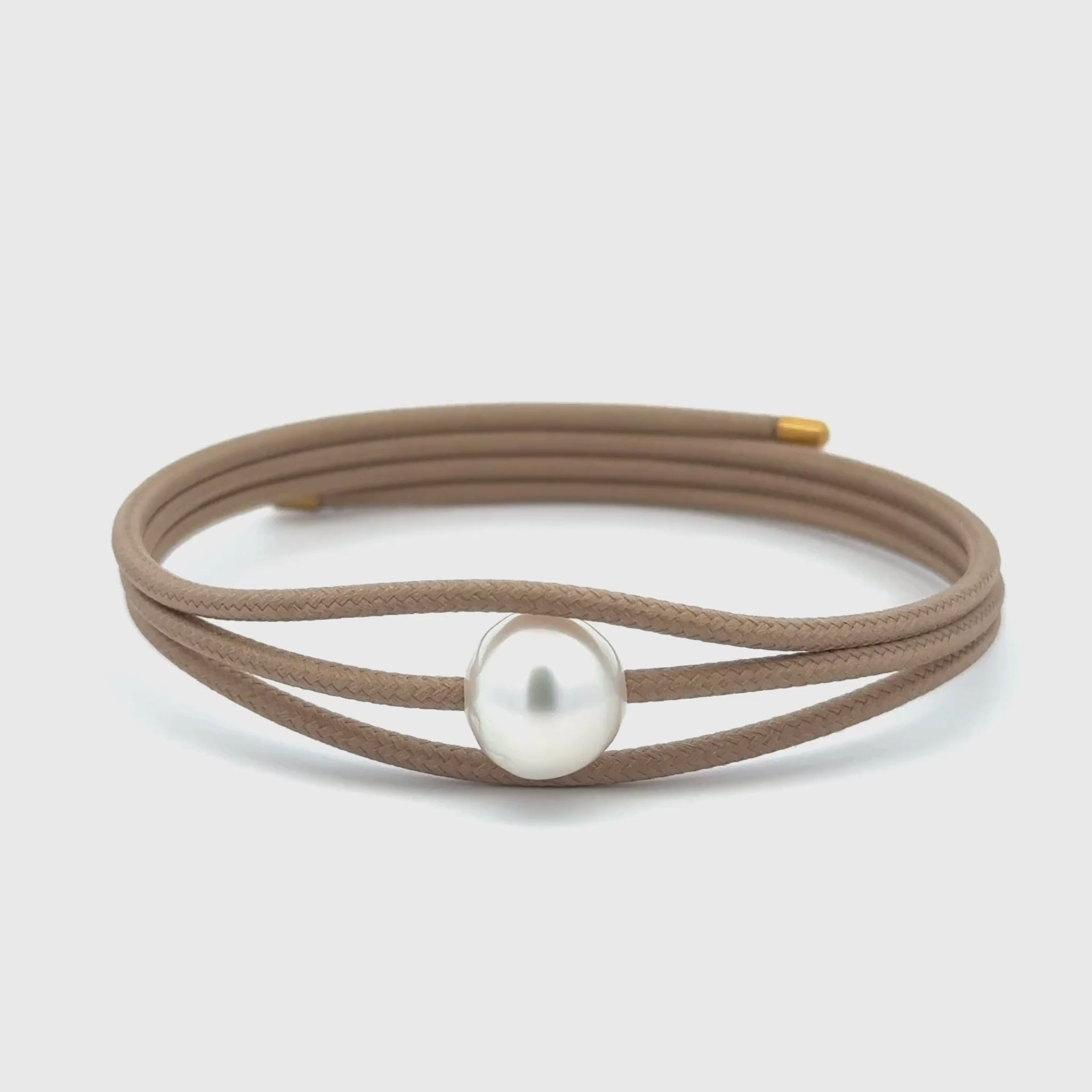 Stainless Steel Australian South Sea 10-11 mm Cultured Pearl Magnetic Tan Wrap Bracelet 360 degree view on a white background