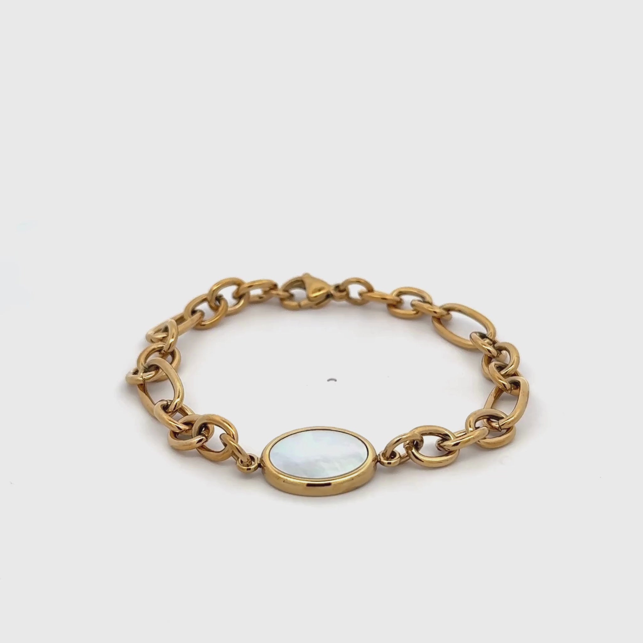 Gold Plated Stainless Steel White Mother of Pearl Link Bracelet 360 view video