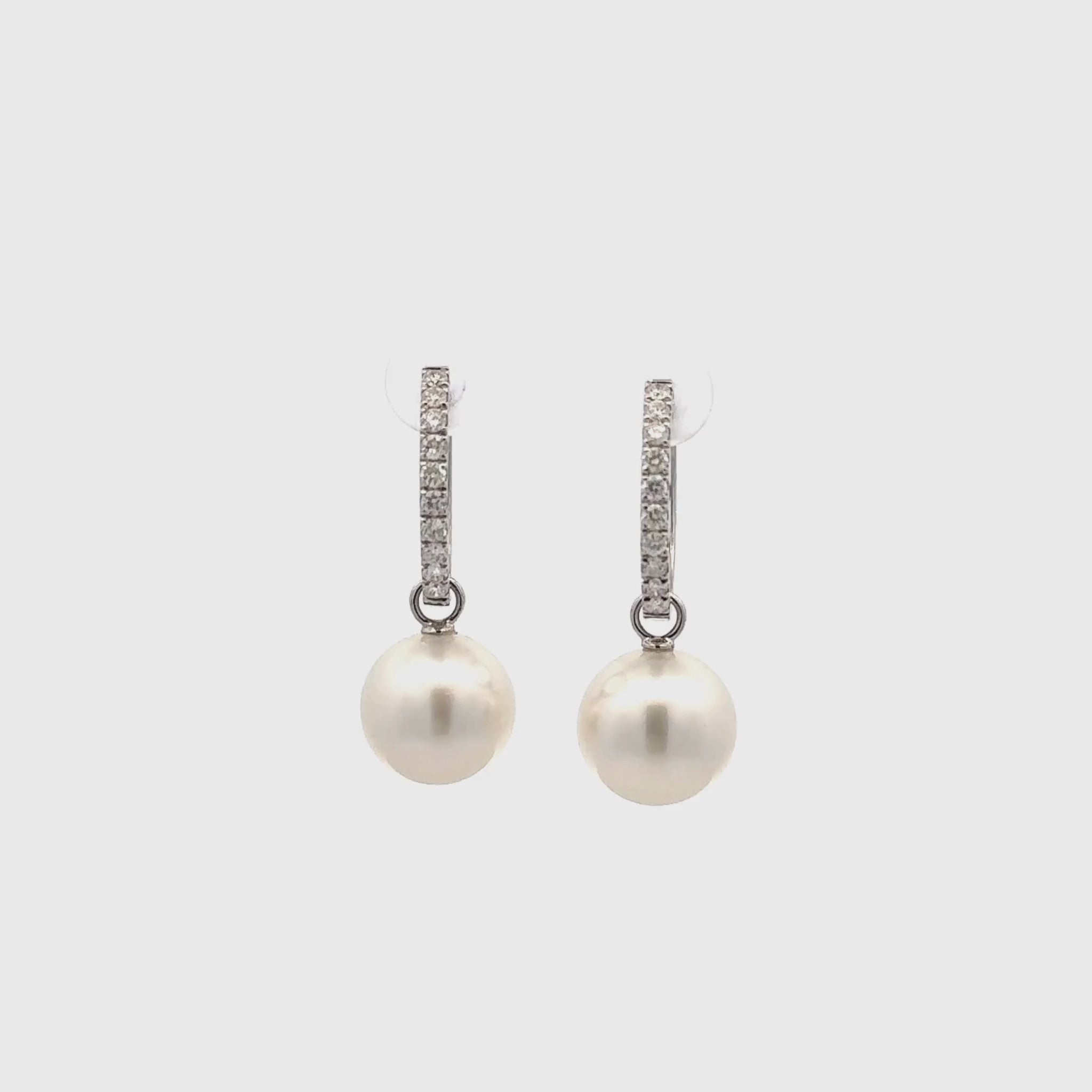 18K White Gold Australian South Sea Cultured 12-13mm Diamond Pearl Huggie Earrings