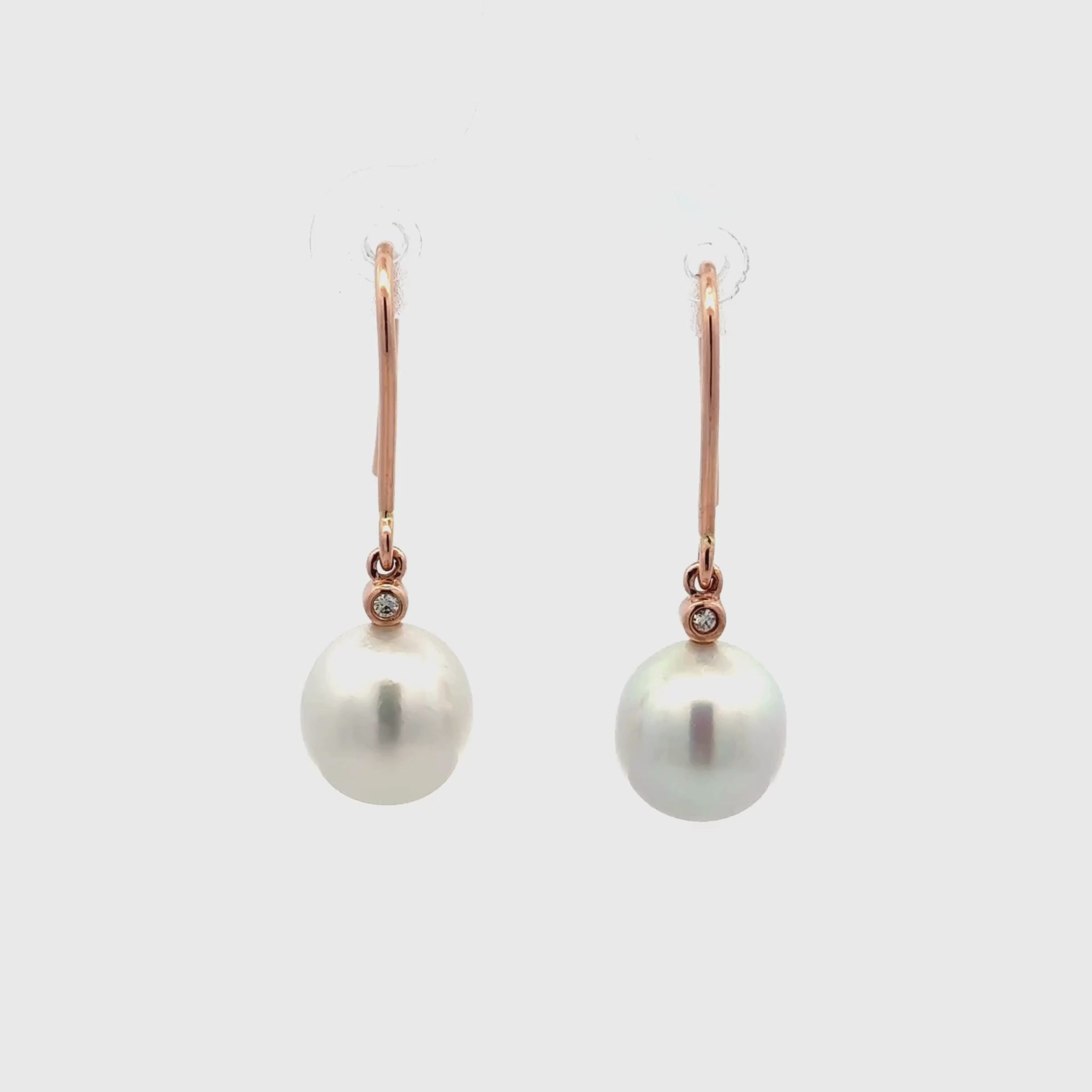 9K Rose Gold Australian South Sea 9-10 mm Cultured Pearl and Diamond Hook Earrings 360 view video