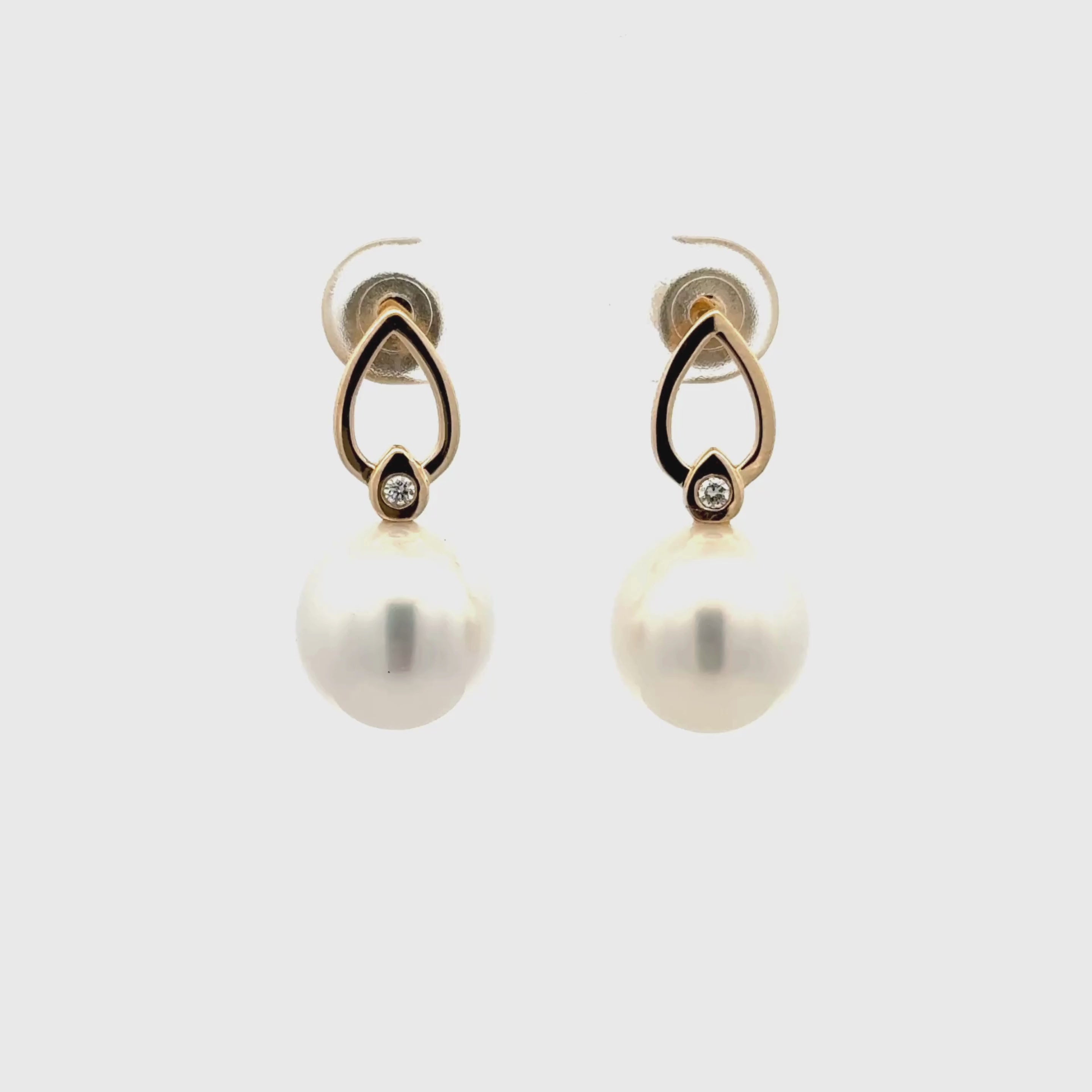 9K Yellow Gold Australian South Sea 10-11 mm Cultured Pearl and Diamond Drop Earrings 360 view video