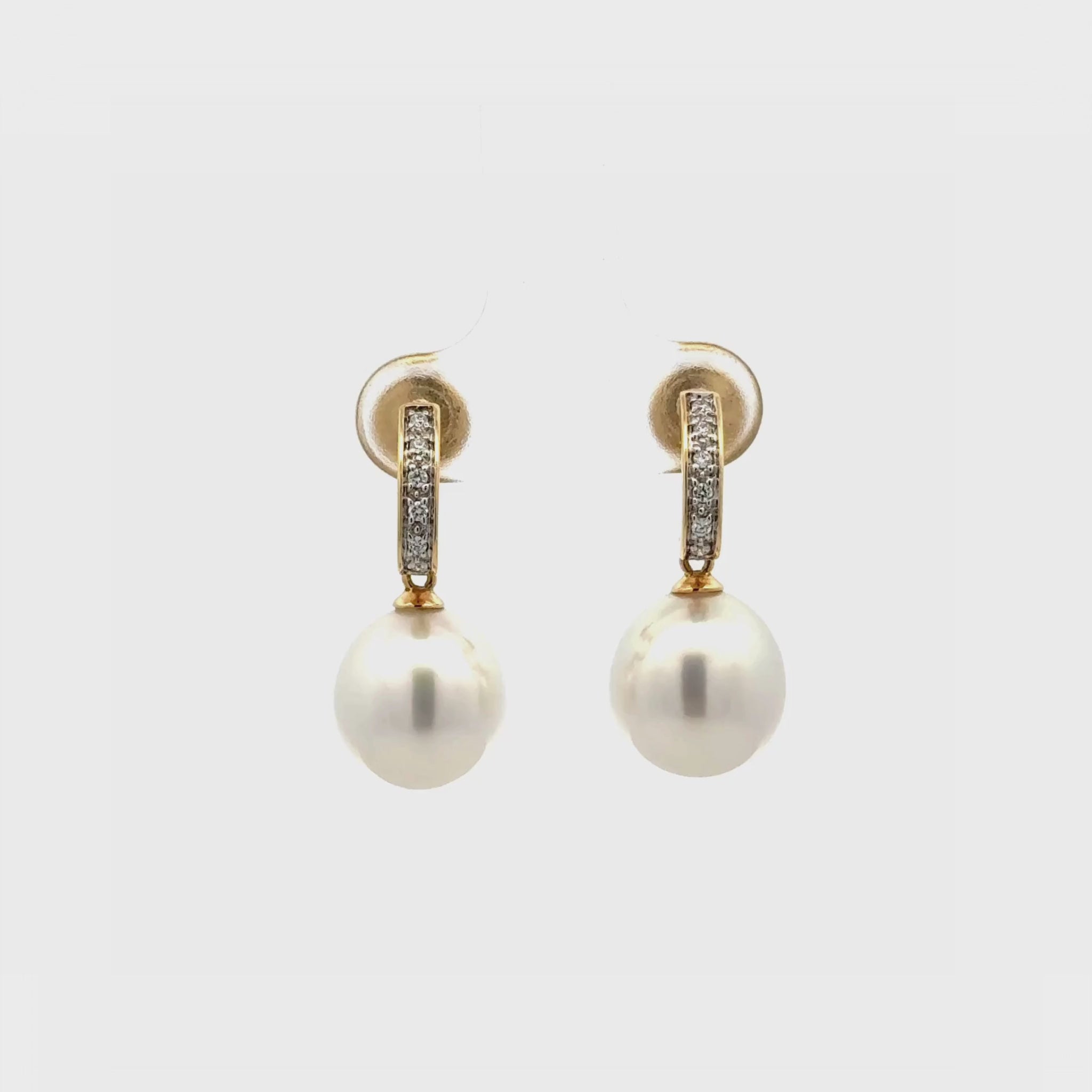 18K Yellow Gold Australian South Sea 10-11 mm Cultured Pearl and Diamond Drop Earrings 360 degree video on white background