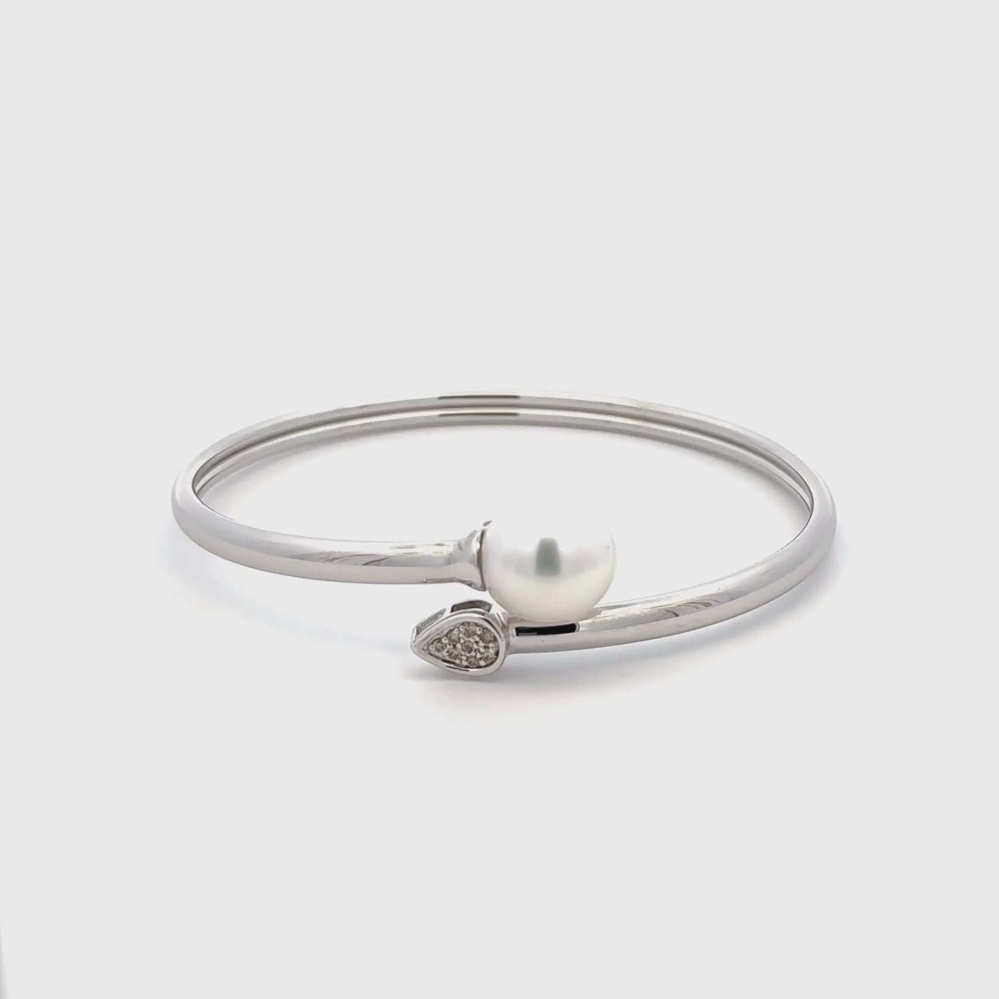 Sterling Silver Australian South Sea 10-11 mm Cultured Pearl and Diamond Bangle 360 view video