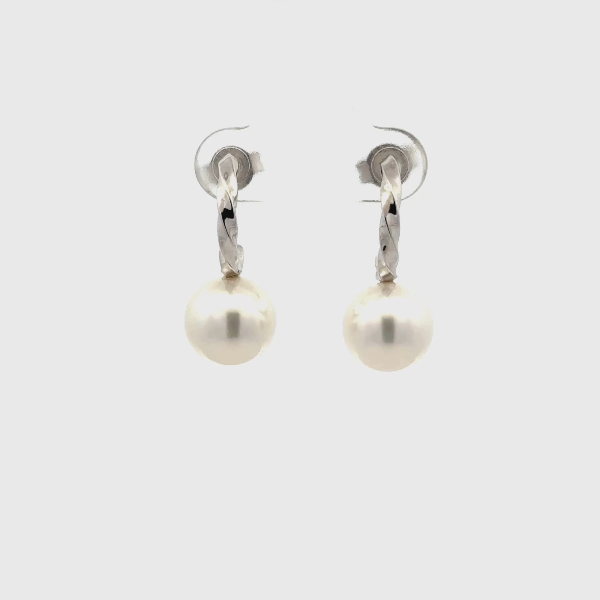 9K White Gold Australian South Sea 9-10 mm Cultured Pearl Drop Earrings 360 view video