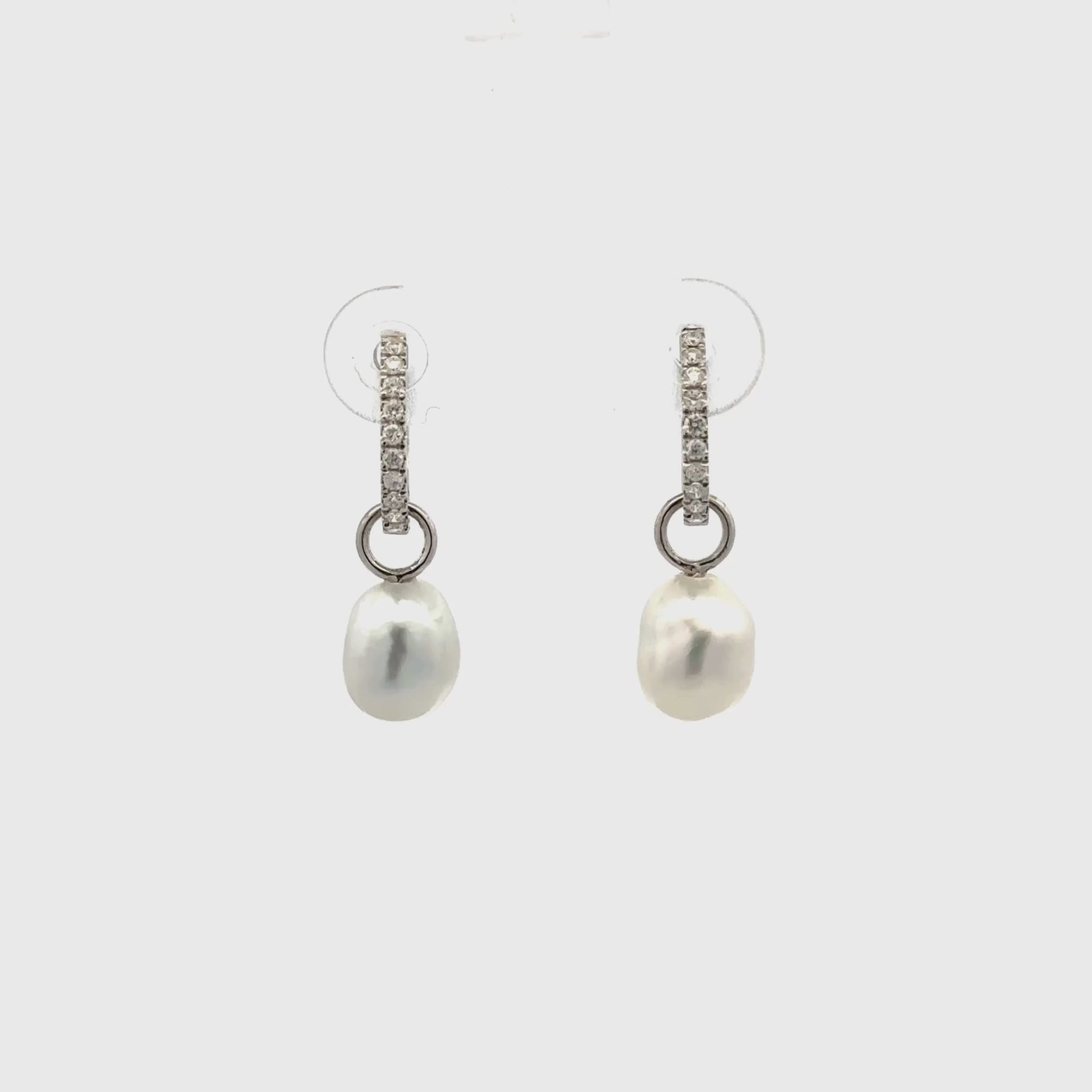 18K White Gold Australian South Sea 1.0 g Keshi Pearl and Diamond Huggie Earrings 360 view video